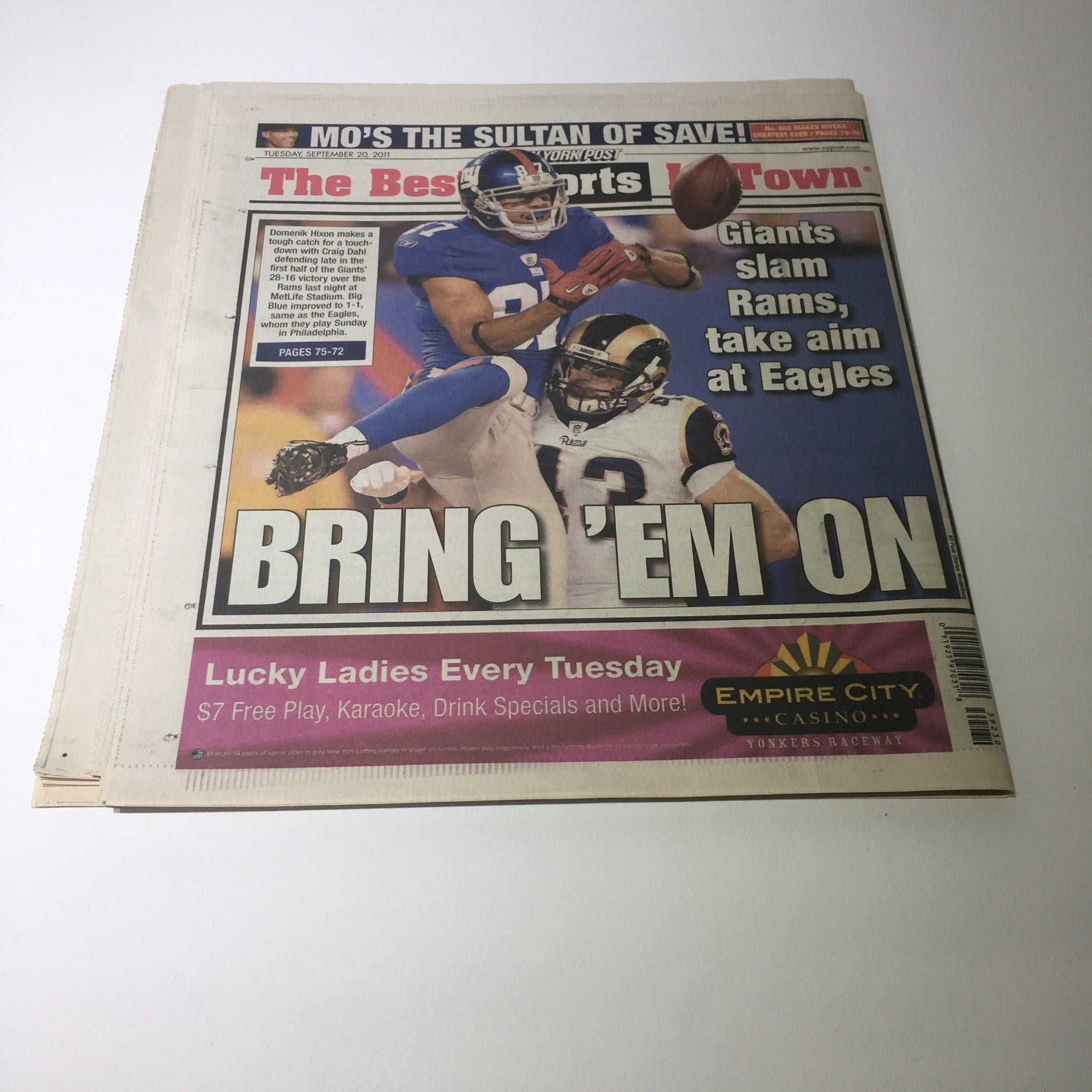 New York Post sports cover showcasing New York Giants player with the headline 'BRING EM ON', referring to NFL games while promoting 'Mo's the Sultan of Save!' and featuring the story IN A TIX FIX 17 scandal cops facing indict today.