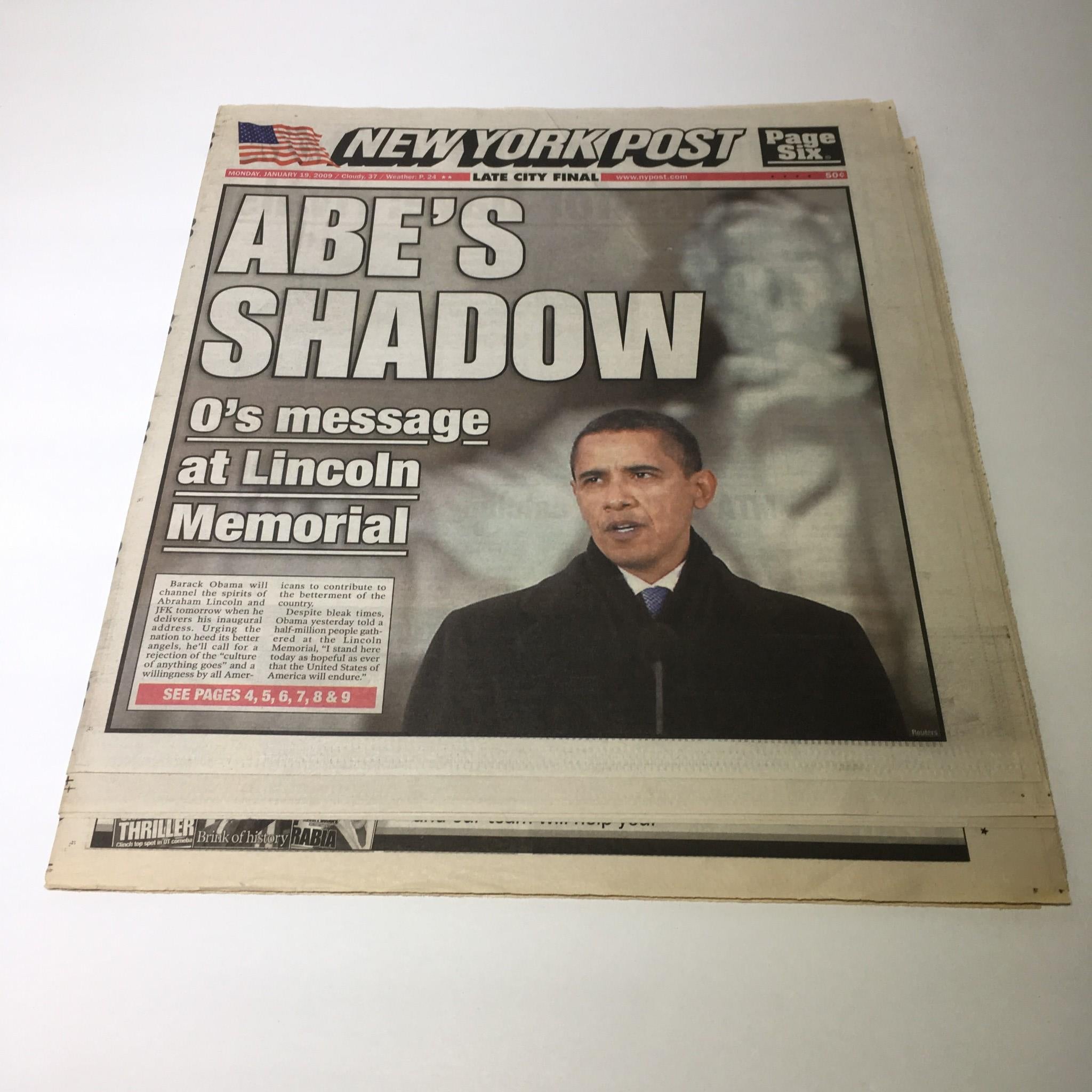 New York Post: Jan 19 2009 Abe's Shadow 0's Message At Lincoln Memorial