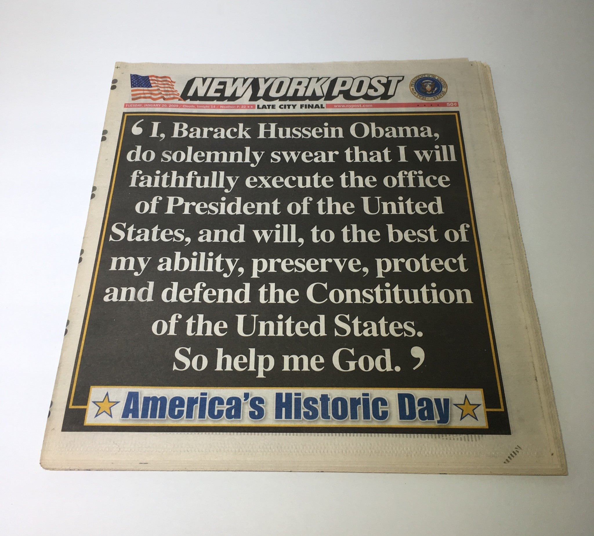 New York Post: Jan 20 2009 Barack Hussein Obama Pledge, Excellent Condition