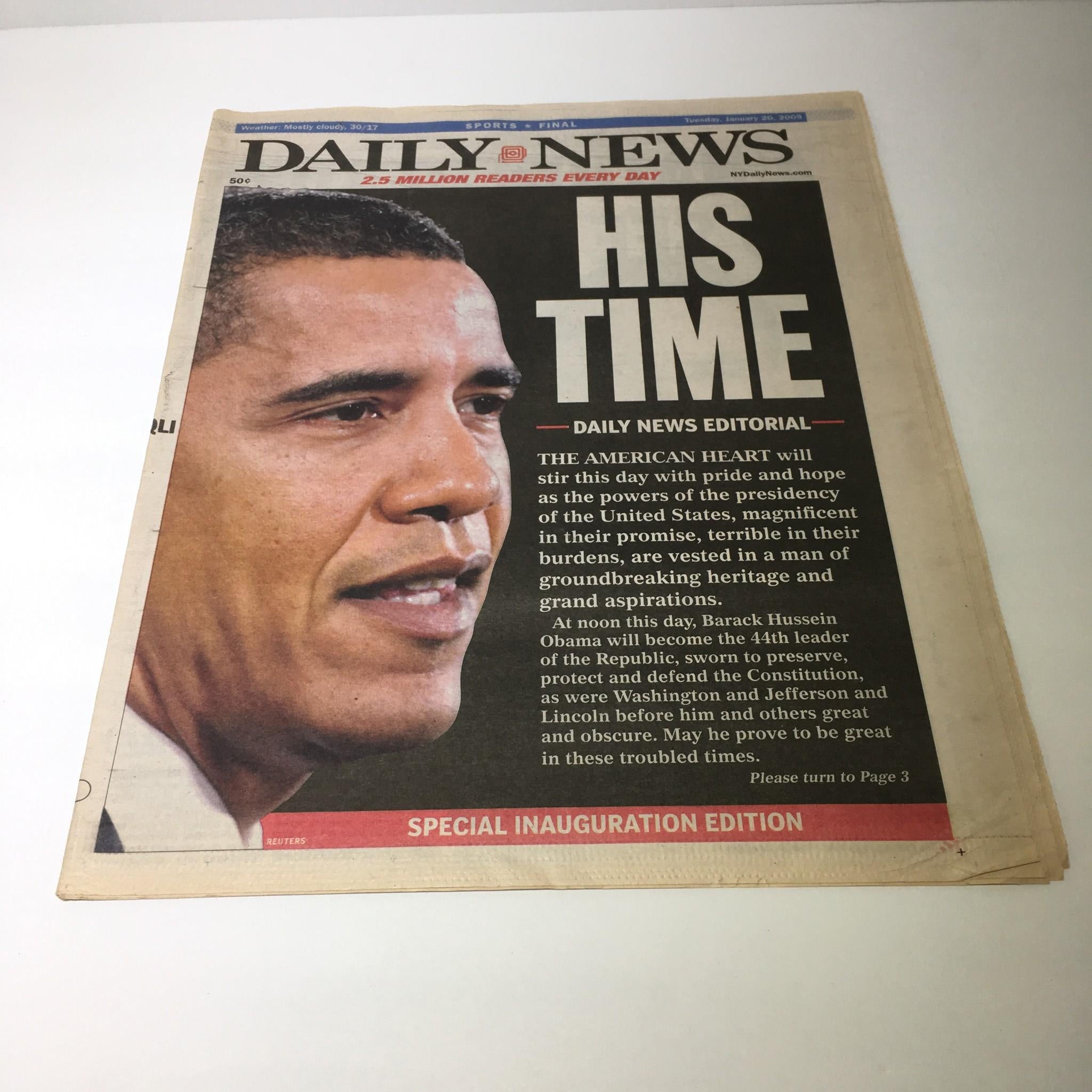 Front page of NY Daily News, January 20, 2009, featuring Barack Hussein Obama titled 'His Time'. The newspaper highlights Obama's inaugural celebration and historical significance, showcasing a prominent image of him.