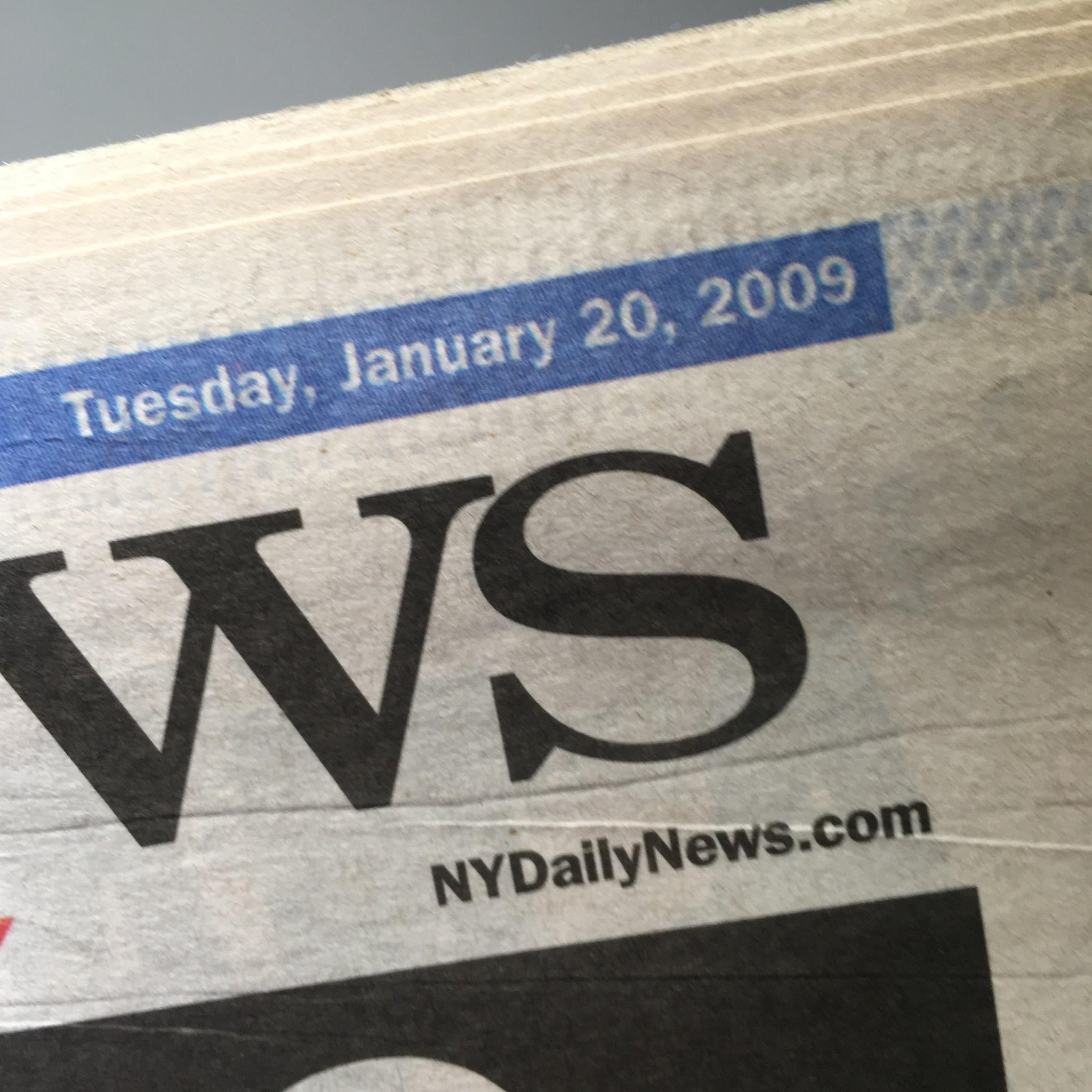 NY Daily News dated January 20, 2009, showcasing the prominent date header for Barack Hussein Obama’s inauguration.