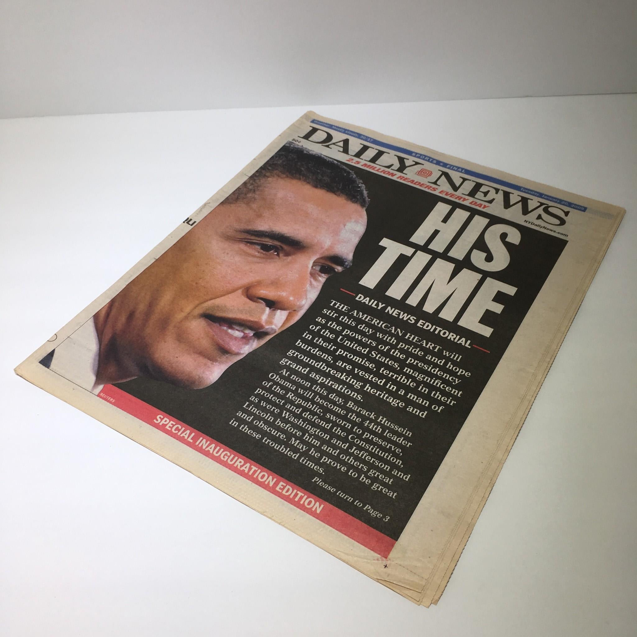 NY Daily News cover highlighting Barack Obama with the headline 'His Time', illustrating his inauguration day on January 20, 2009.