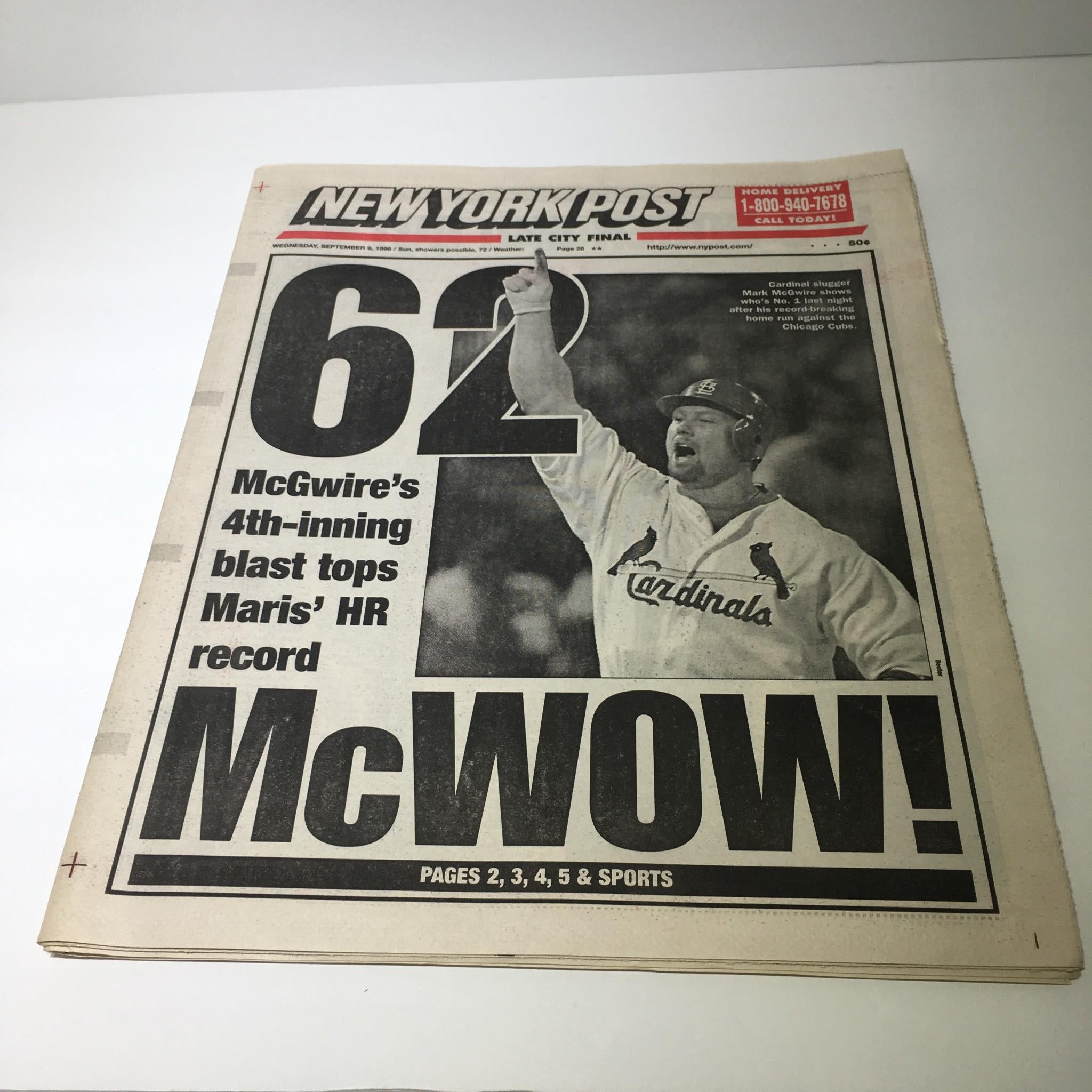 New York Post: Sept 9 1998 62 McWow! Mark Mcgwire HR chase