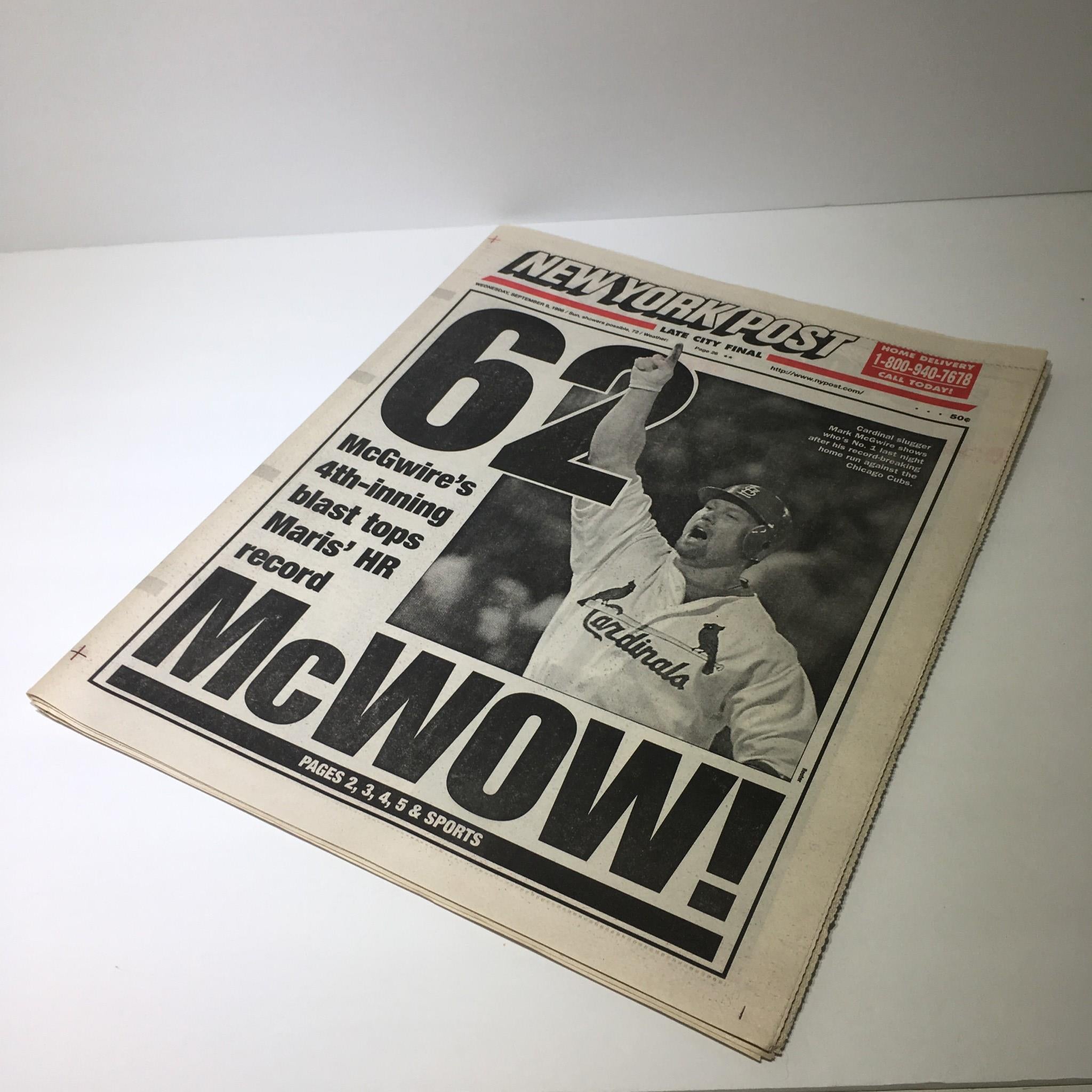 New York Post: Sept 9 1998 62 McWow! Mark Mcgwire HR chase