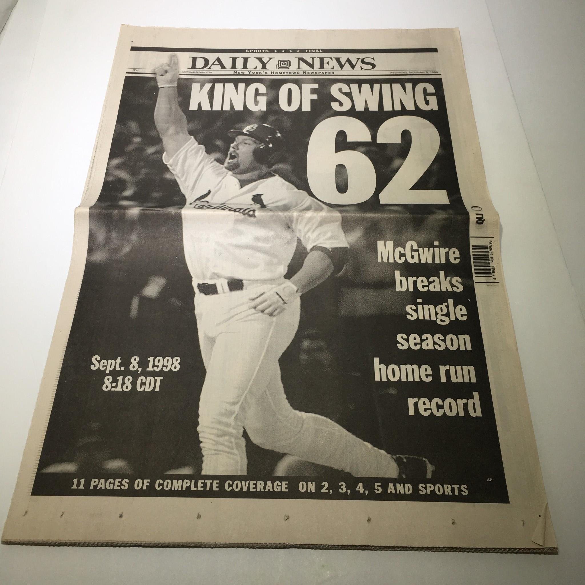 New York Post: Sept 9 1998 62 McWow! Mark Mcgwire HR chase