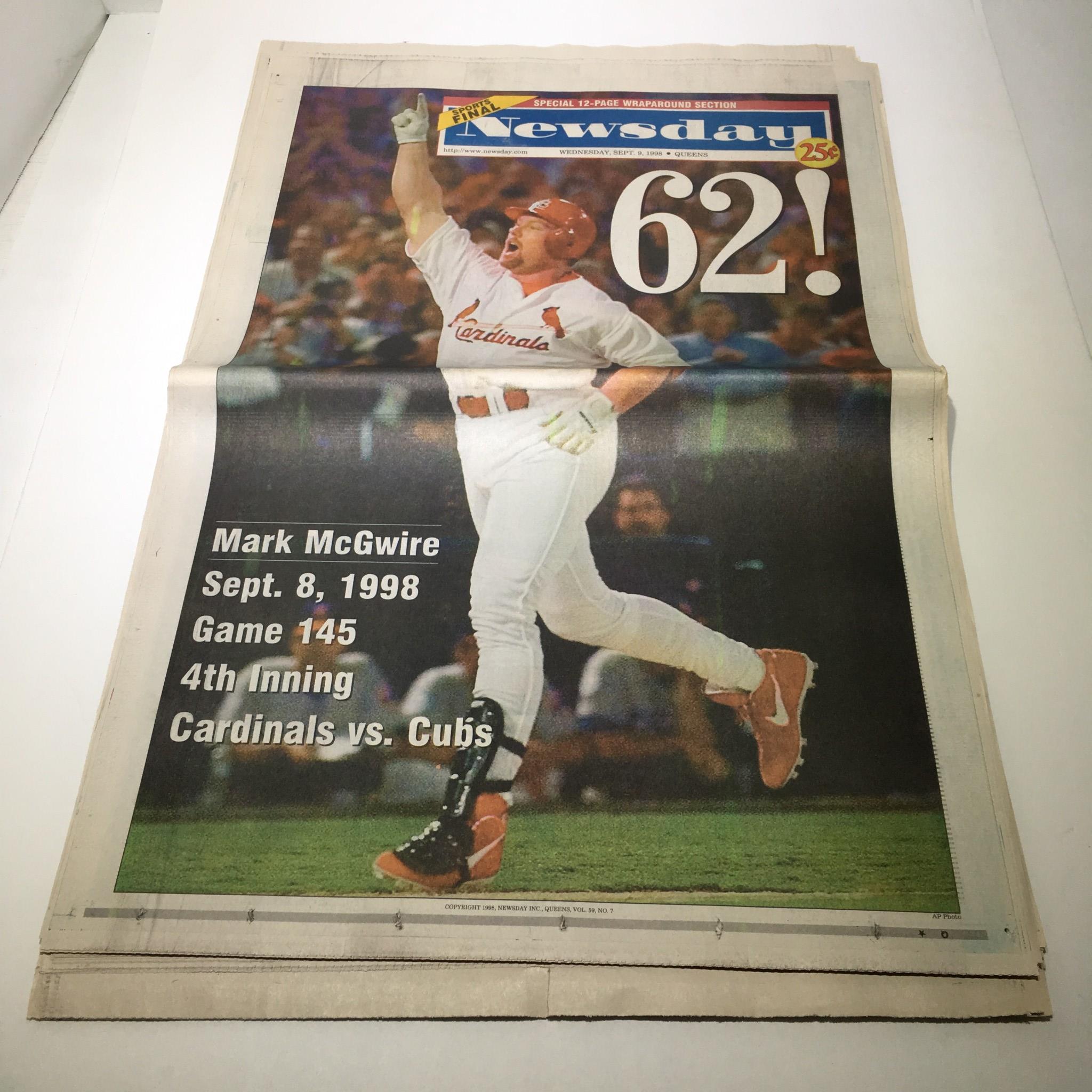 Newsday: Sept 9 1998 62! Mark McGwire st louis cardinals hr chase