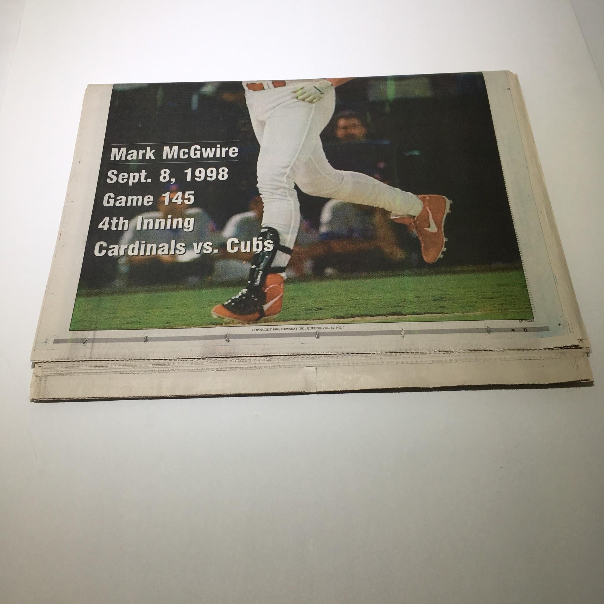 Newsday: Sept 9 1998 62! Mark McGwire st louis cardinals hr chase