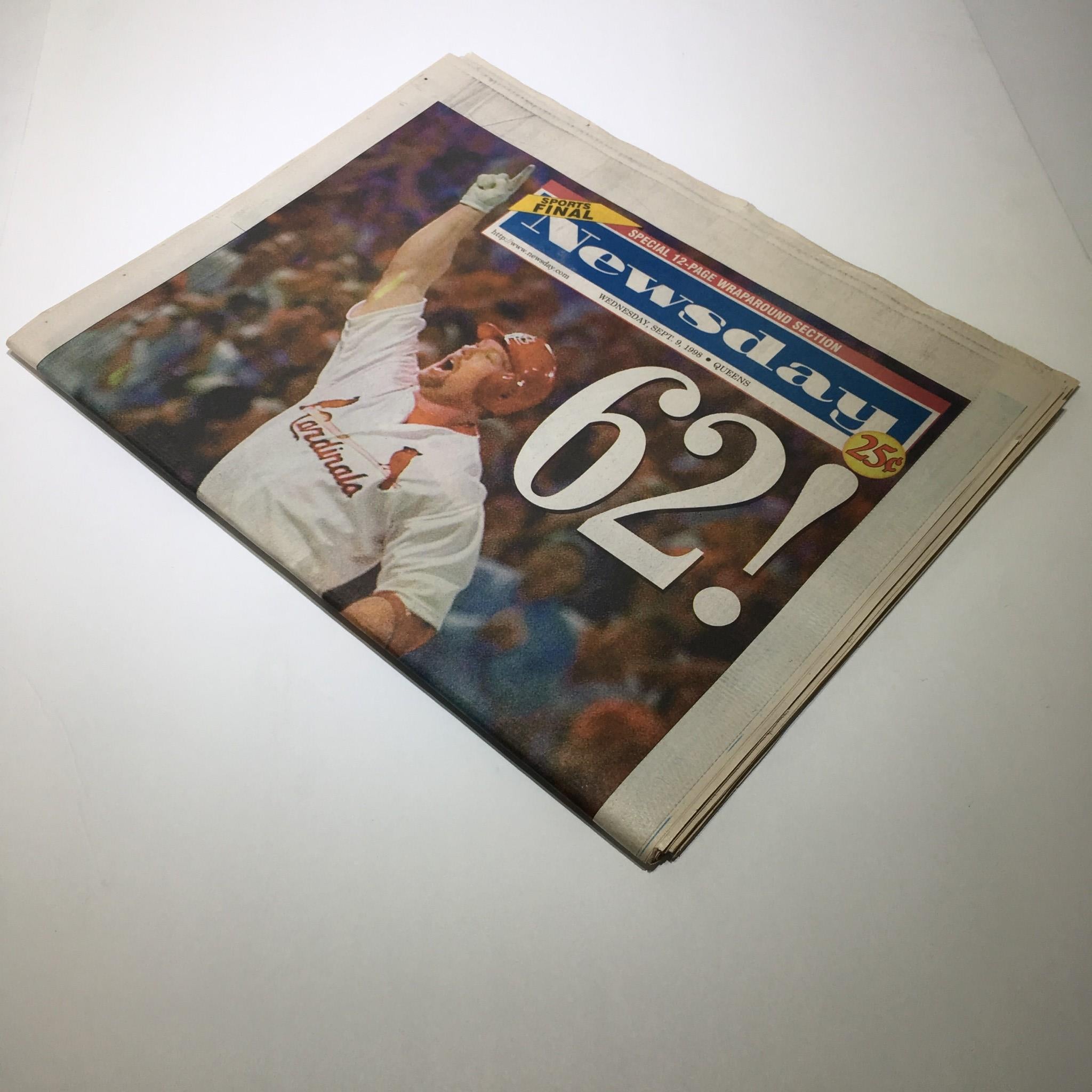 Newsday: Sept 9 1998 62! Mark McGwire st louis cardinals hr chase