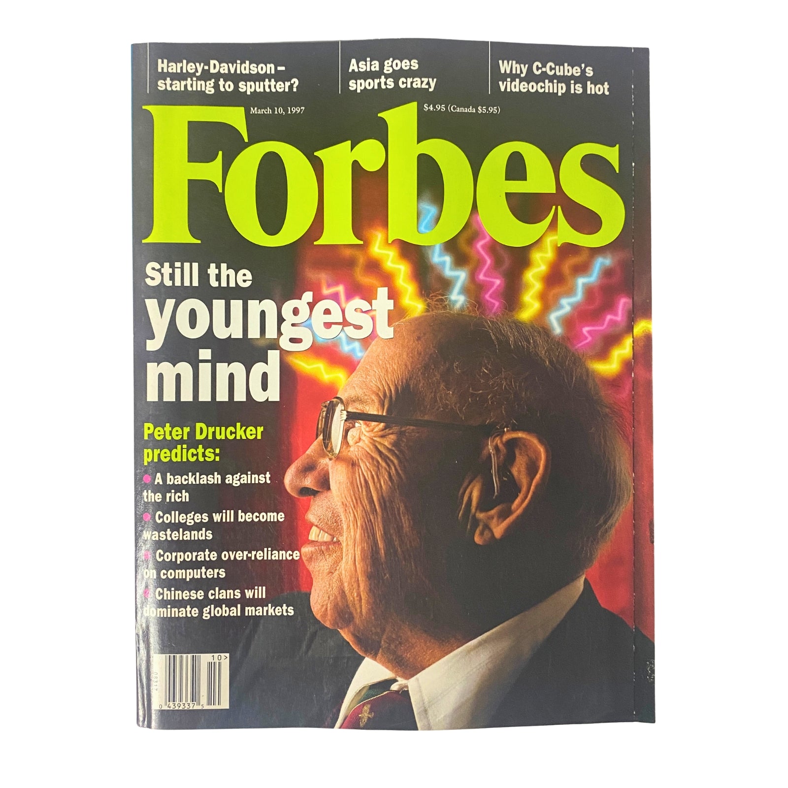 Forbes Magazine cover from March 10, 1997, featuring Peter Drucker with the headline 'Still the youngest mind'. The cover highlights topics including Harley-Davidson and Asia's sports market.