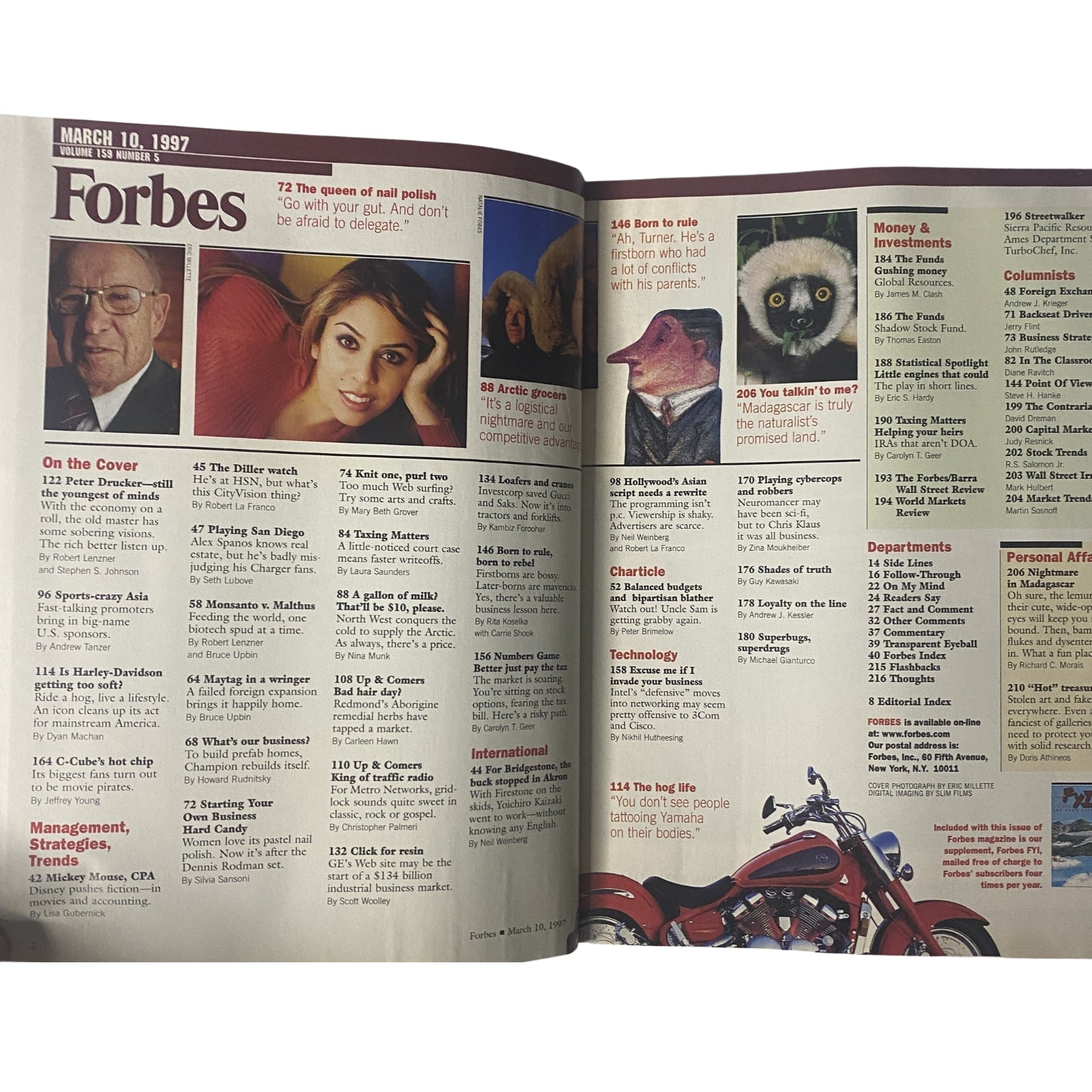 Inside spread of Forbes Magazine from March 10, 1997, showcasing the table of contents, featuring articles on Harley-Davidson, business strategies, and a glimpse of the cover story on Peter Drucker.