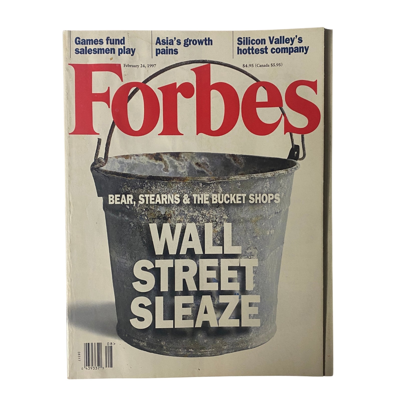 Forbes Magazine cover from February 24, 1997, featuring the title 'Wall Street Sleaze,' with an image of a rusted bucket. The issue examines Bear Stearns and its associations with notorious brokerage houses.