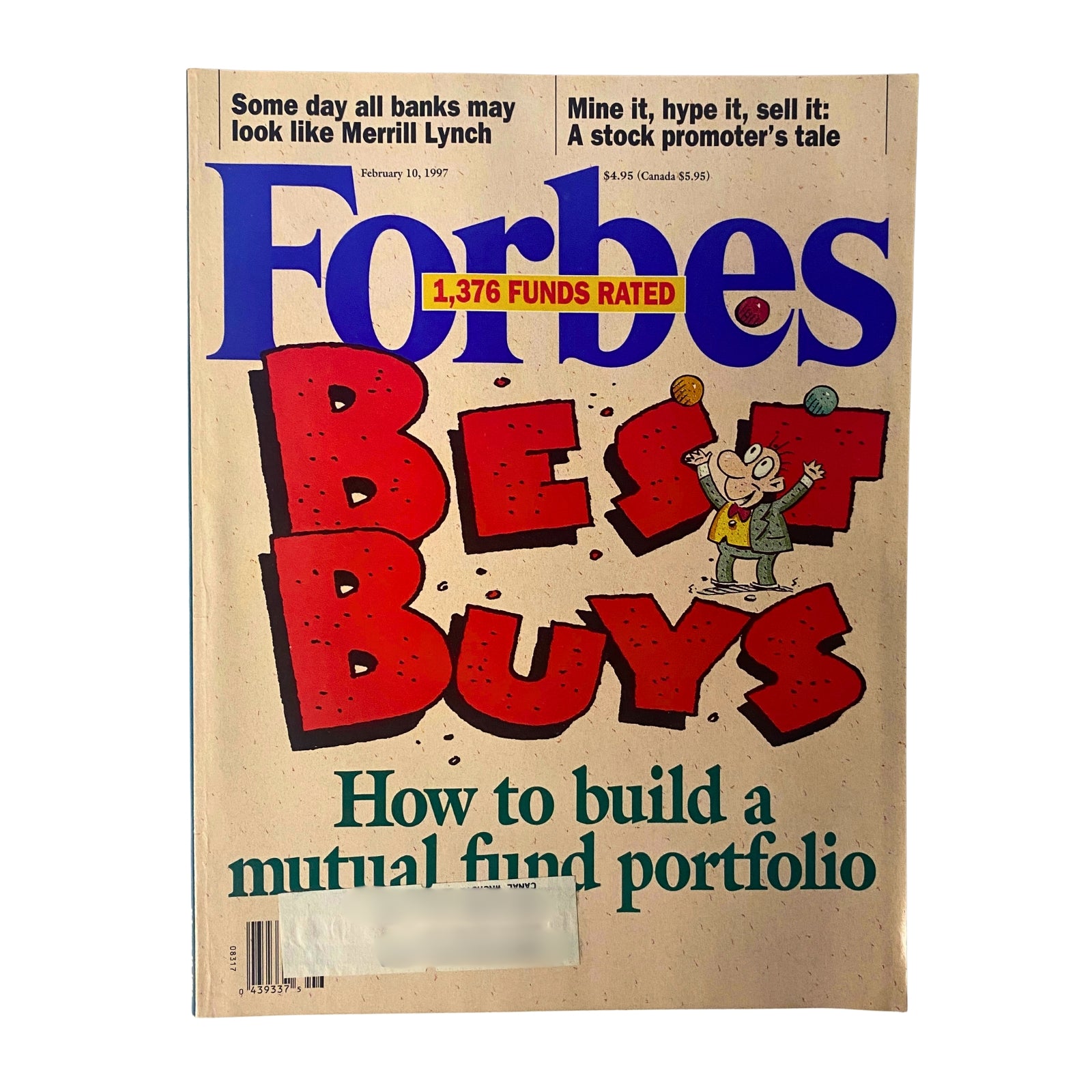 Cover of Forbes Magazine February 10, 1997 titled 'Best Buys' featuring the article 'How to Build a Mutual Fund Portfolio', illustrated with playful graphics and headlines.
