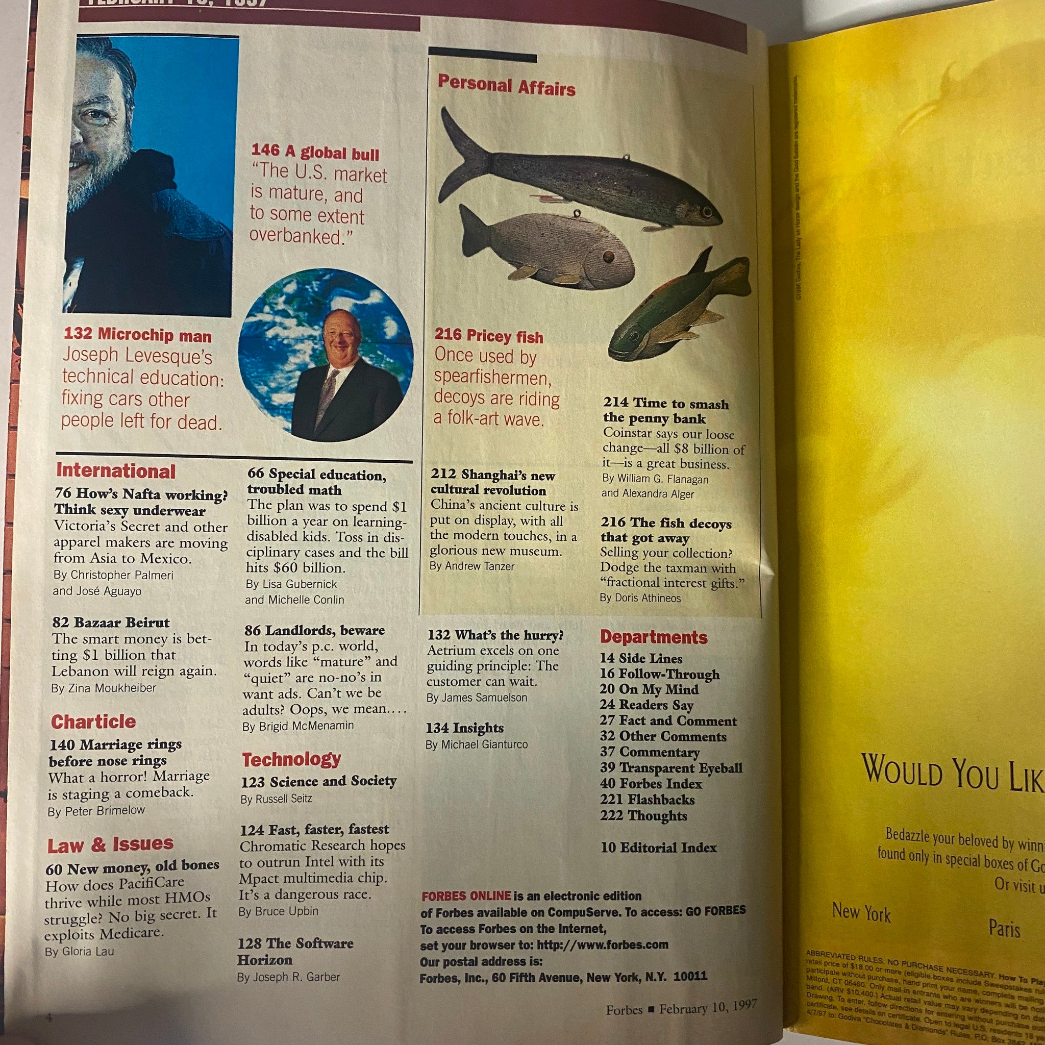 Inside spread of Forbes Magazine February 10, 1997, showcasing the table of contents with headlines including 'A Global Bull' and 'Microchip Man'.