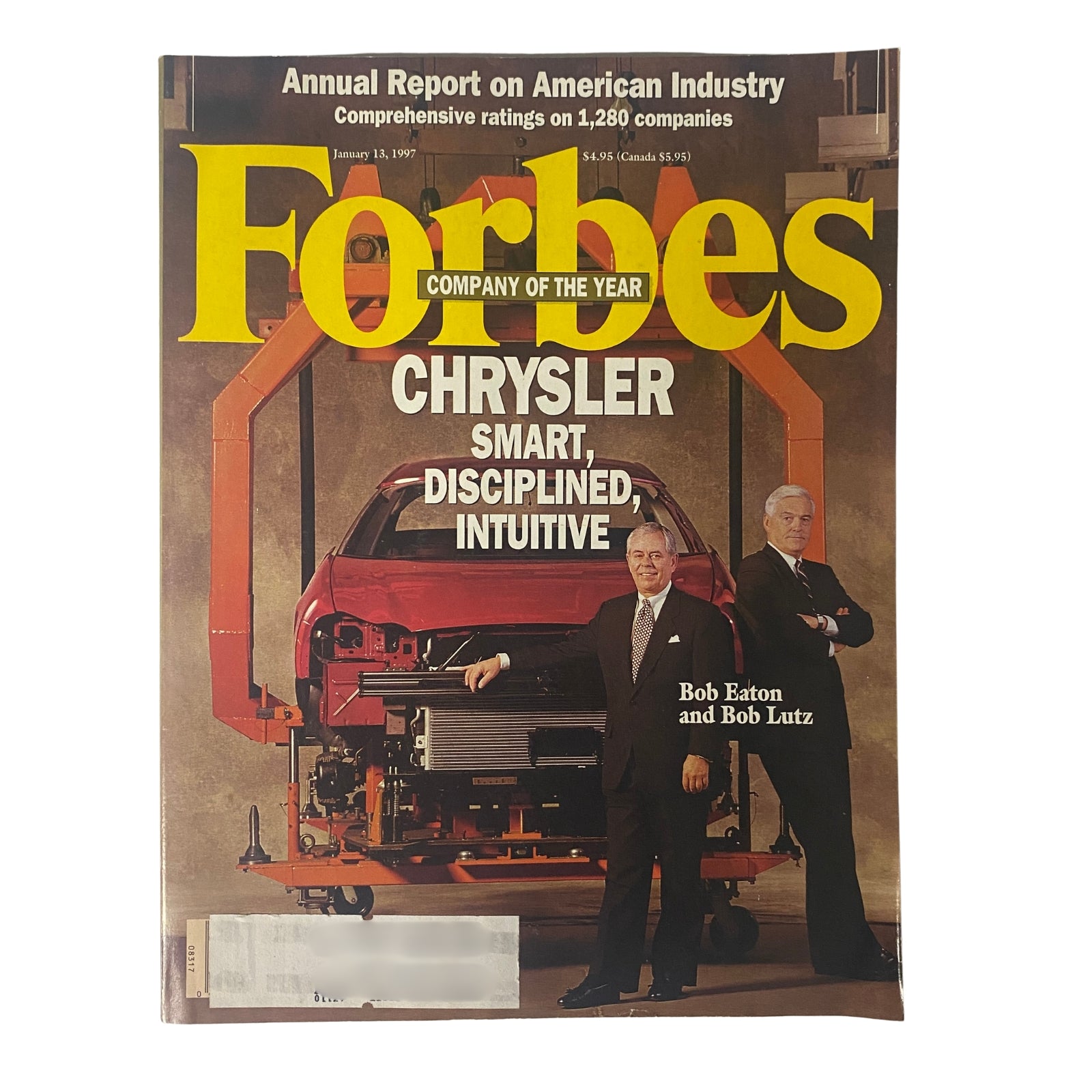 Forbes Magazine cover from January 13, 1997, featuring Chrysler as Company of the Year with executives Bob Eaton and Bob Lutz. Highlights innovation in automotive design and financial strength.
