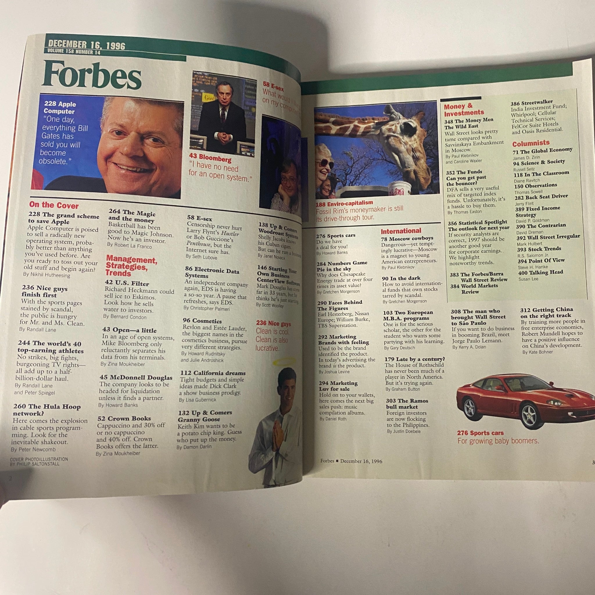 Inside pages of Forbes Magazine December 16, 1996 showing contents, including the article on Gilbert Amelio and feature stories on top earning athletes and business insights.