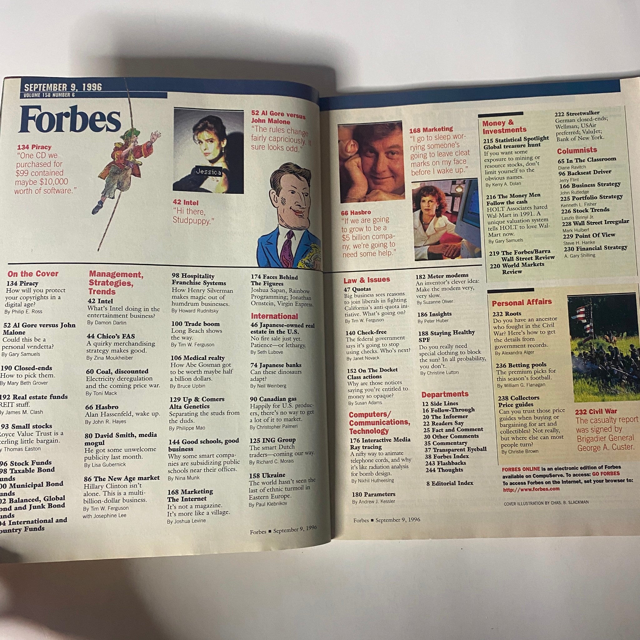 Inside spread of Forbes Magazine from September 9, 1996, showing article highlights including 'Al Gore vs. John Malone' and various sections relevant to management, finance, and technology.