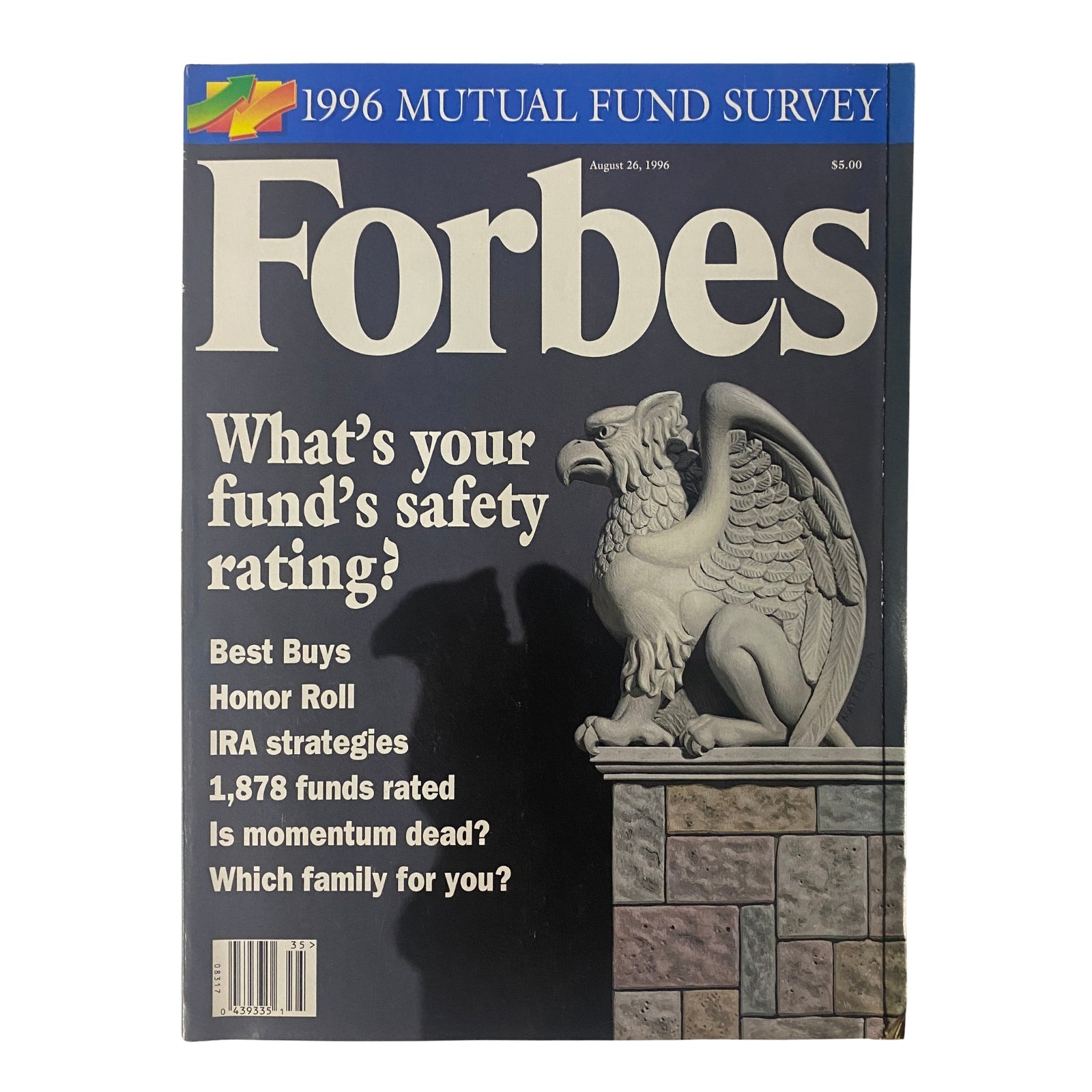 Forbes Magazine August 26, 1996 cover featuring the title 'Mutual Fund Survey' with an image of a stone griffin. The cover asks 'What's your fund's safety rating?' and highlights best buys and IRA strategies.