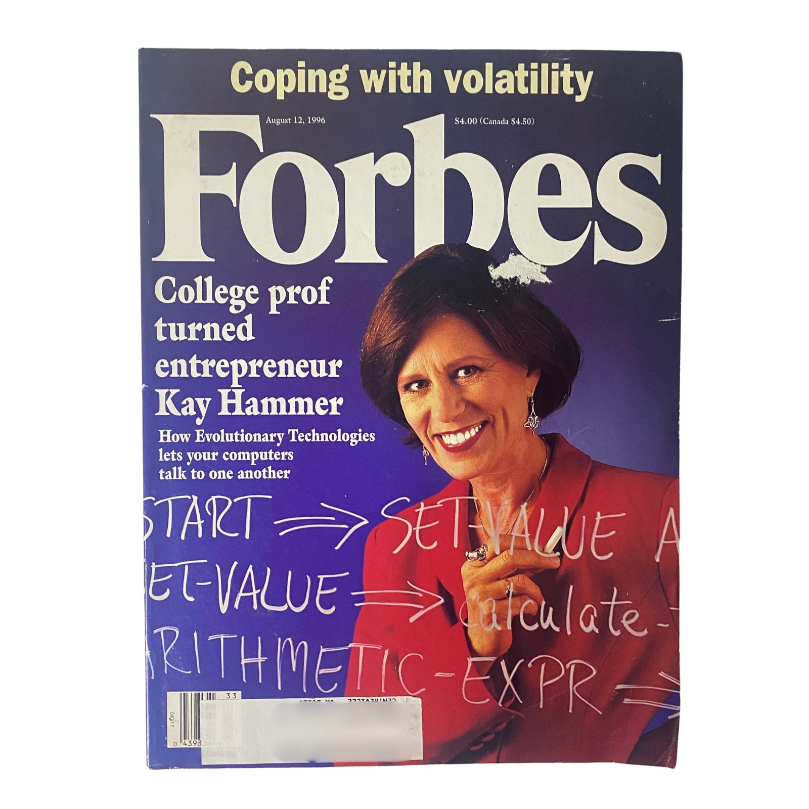 Forbes Magazine August 12, 1996 Vol 158 No. 4 featuring Kay Hammer on the cover, highlighting her transformation from college professor to entrepreneur. The cover includes the headline 'Coping with Volatility' and showcases the magazine's focus on innovation and business.