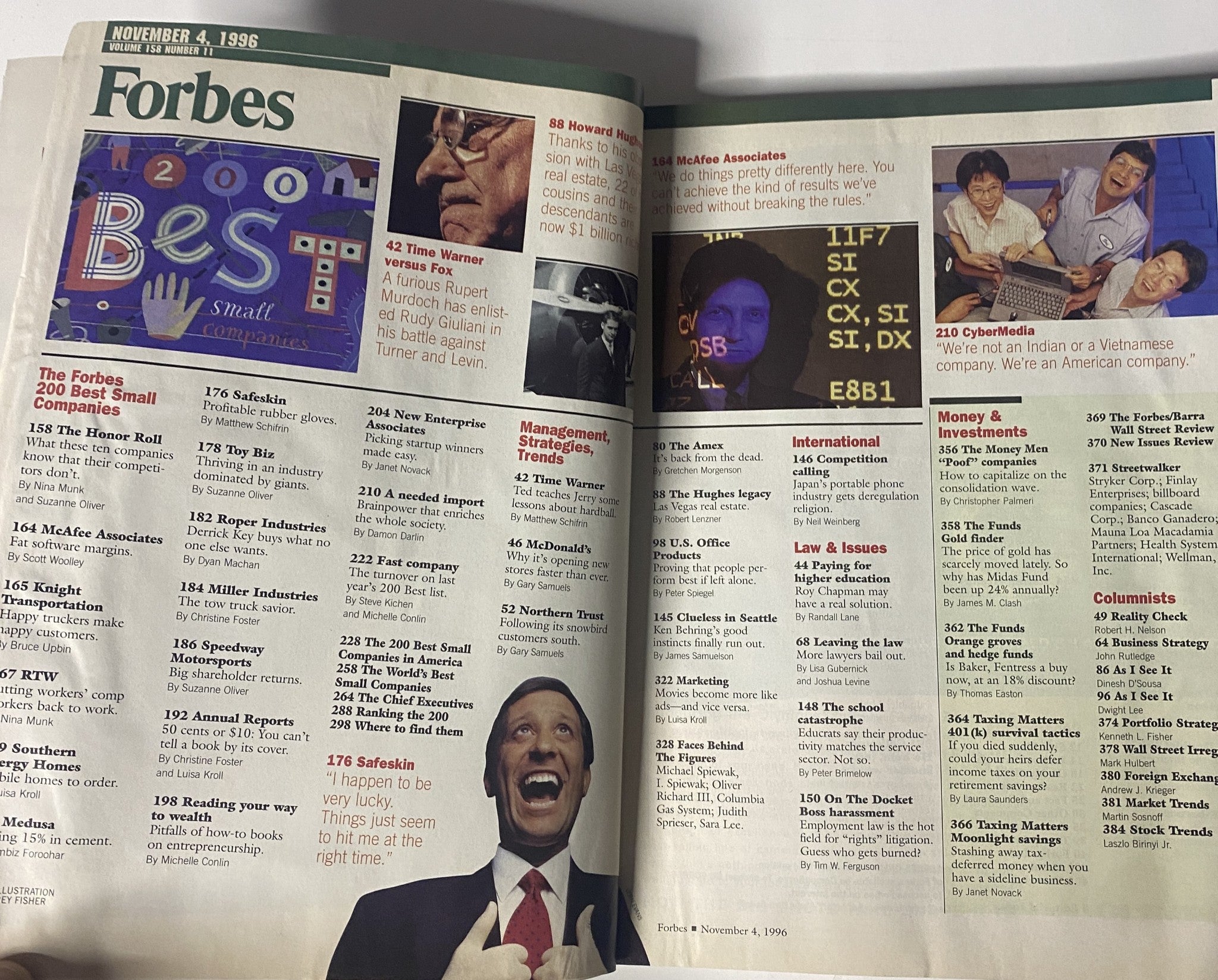Interior page from Forbes Magazine, November 4, 1996, detailing the '200 Best Small Companies' list along with features on management strategies, investment insights, and cultural trends.