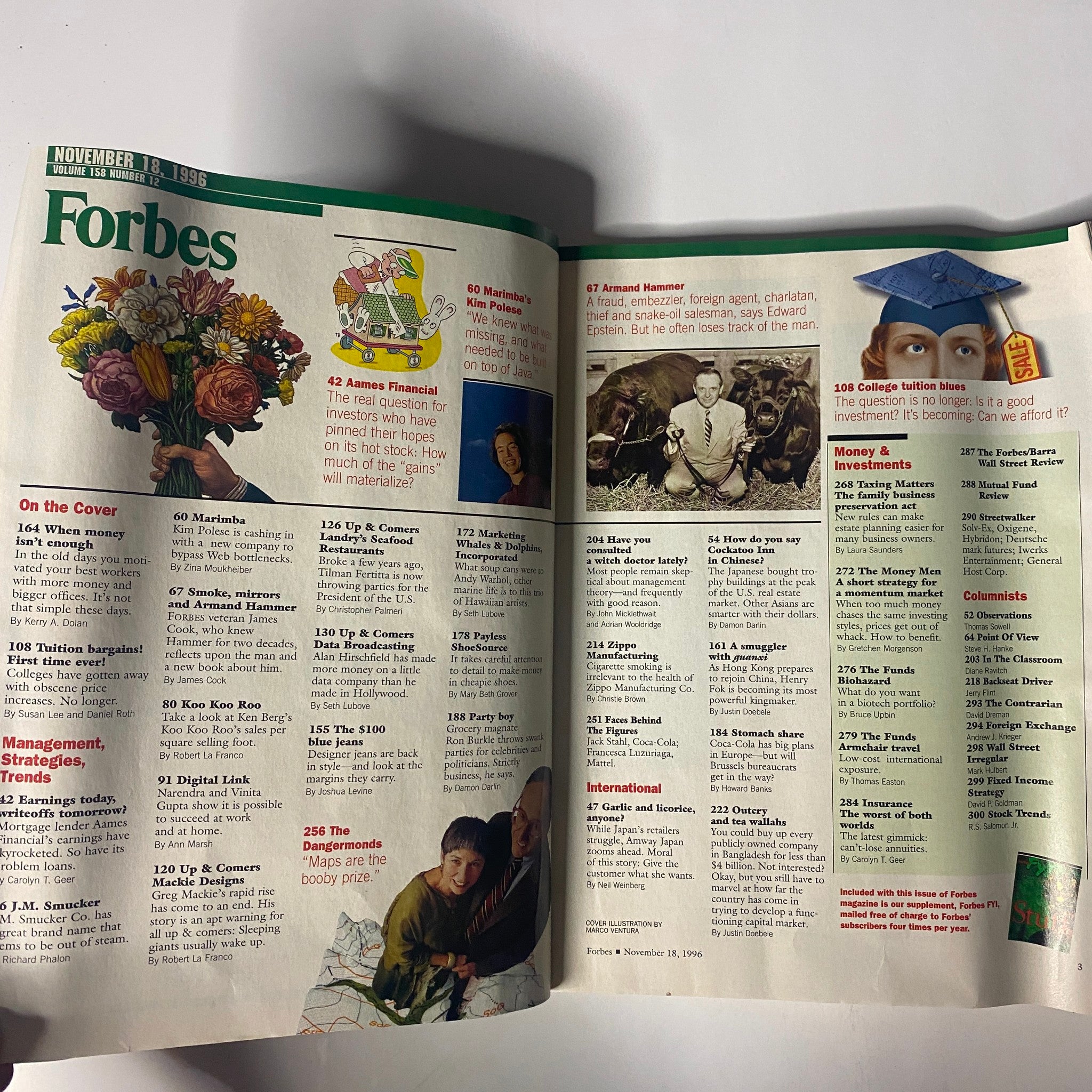 Interior pages of Forbes Magazine from November 18, 1996, displaying articles and sections including 'Management, Strategies & Trends' and 'International' alongside the cover story 'When Money Isn't Enough'.