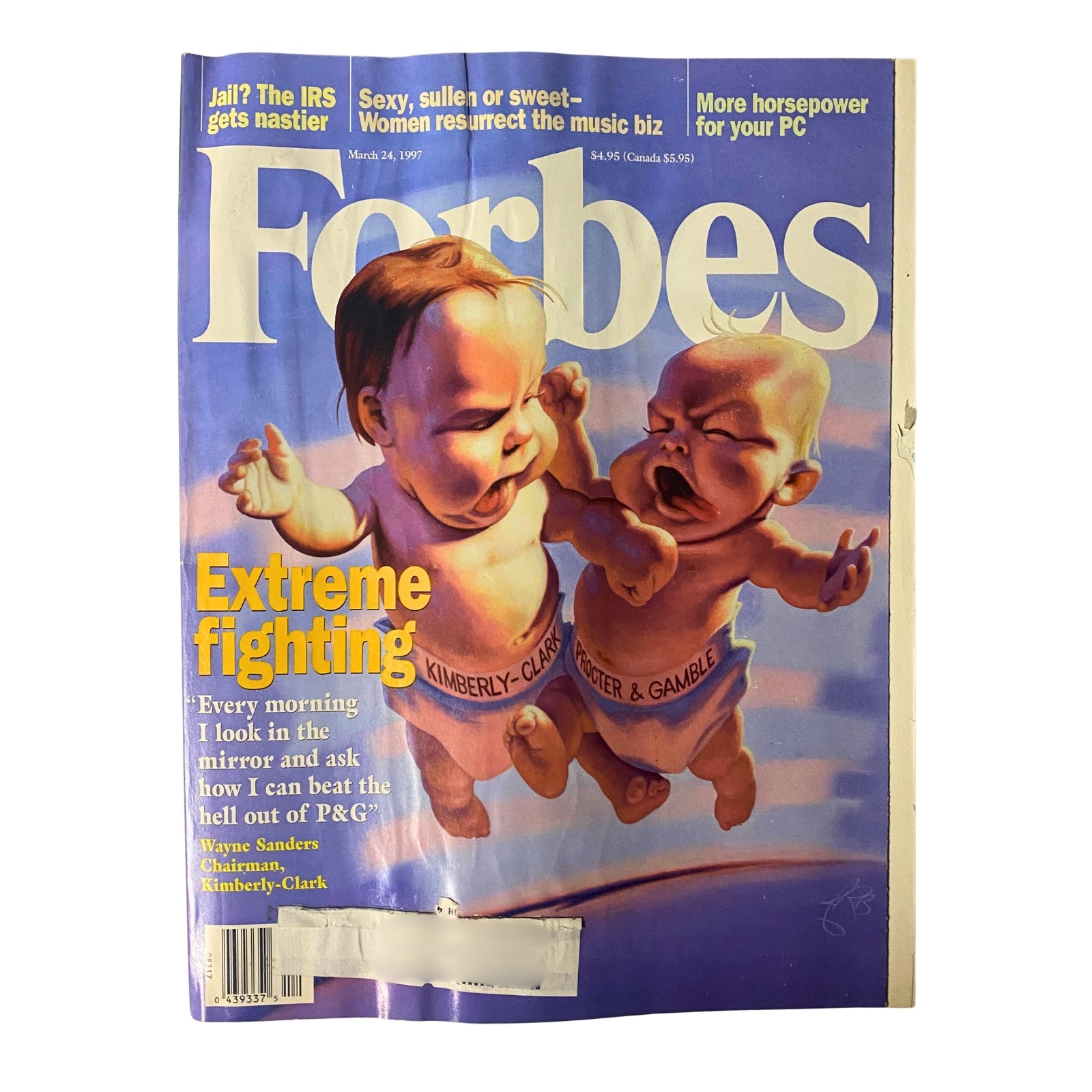 Cover of Forbes Magazine dated March 24, 1997, featuring an illustration themed 'Extreme Fighting' highlighting Kimberly-Clark and Procter & Gamble. Includes text about competition in consumer goods and a quote from Wayne Sanders, Chairman of Kimberly-Clark.