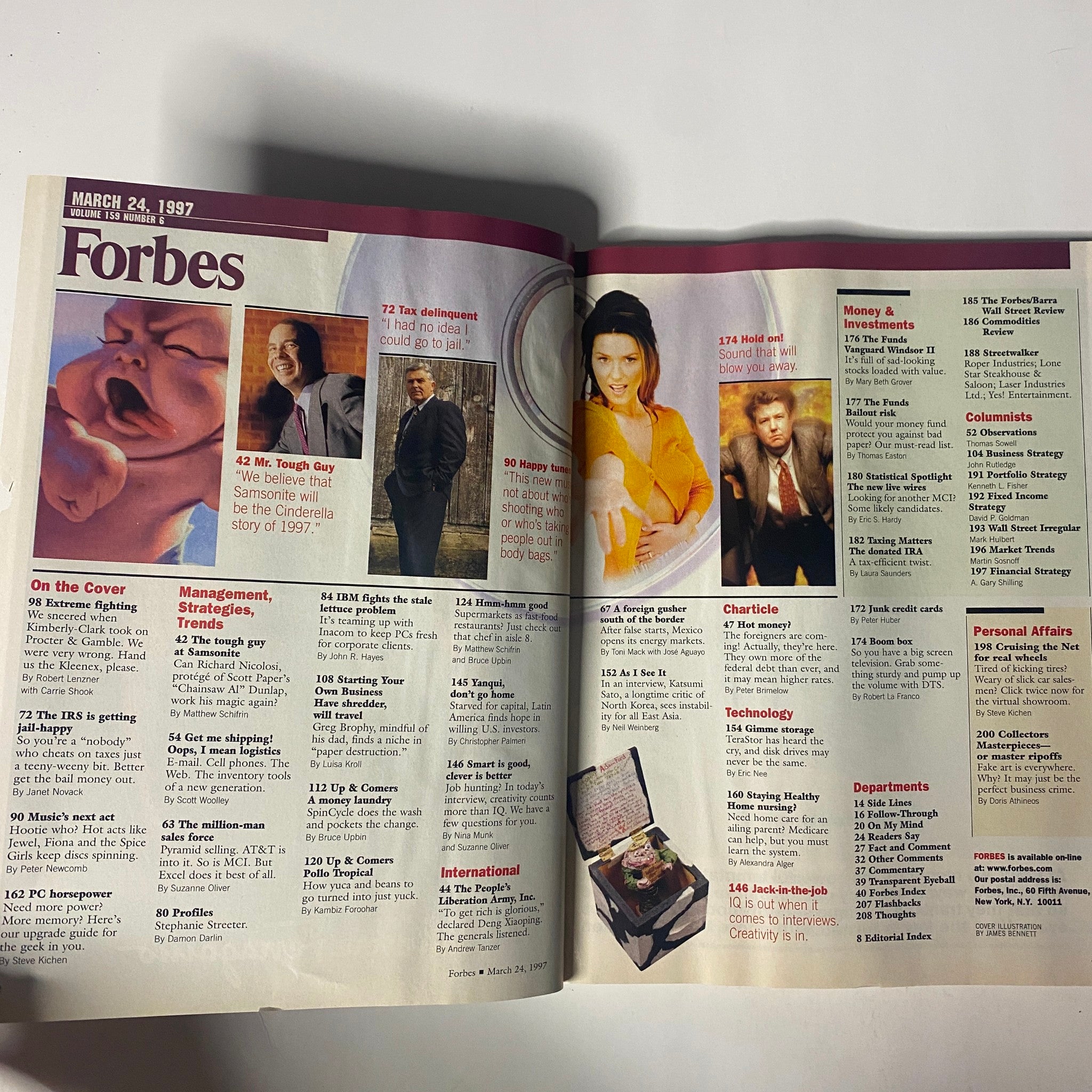 Inside pages of Forbes Magazine from March 24, 1997, detailing articles and sections related to business, management strategies, and investment trends, showcasing various topics including tax issues and technology innovations.