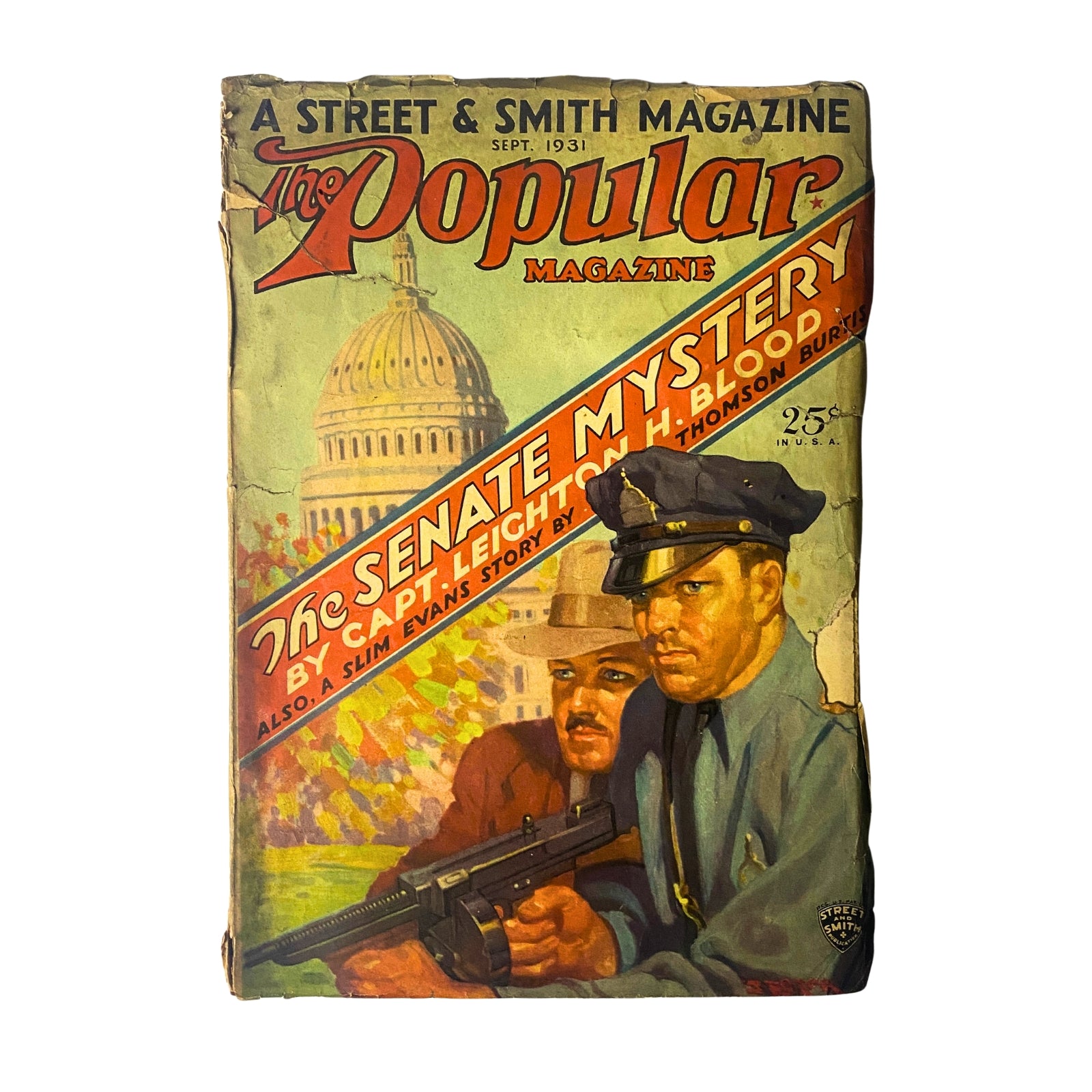 The Popular Magazine September 1931 cover featuring 'The Senate Mystery' by Captain Leighton H. Blood, showcasing vibrant artwork with characters and iconic U.S. Capitol building in the background.