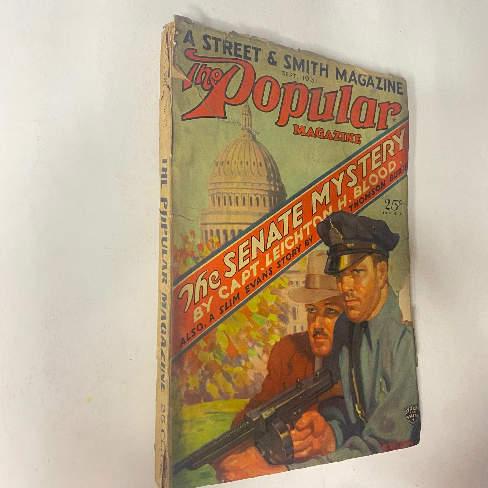 Alternate angle of The Popular Magazine September 1931 cover, displaying 'The Senate Mystery' alongside striking illustrations and a gripping visual narrative.