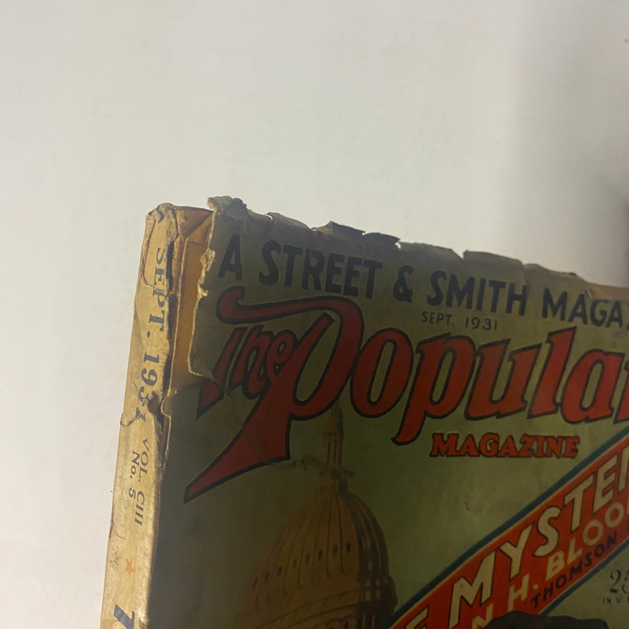 The Popular Magazine September 1931 cover image featuring The Senate Mystery with visible wear and creases, showcasing its vintage charm and appeal for collectors.