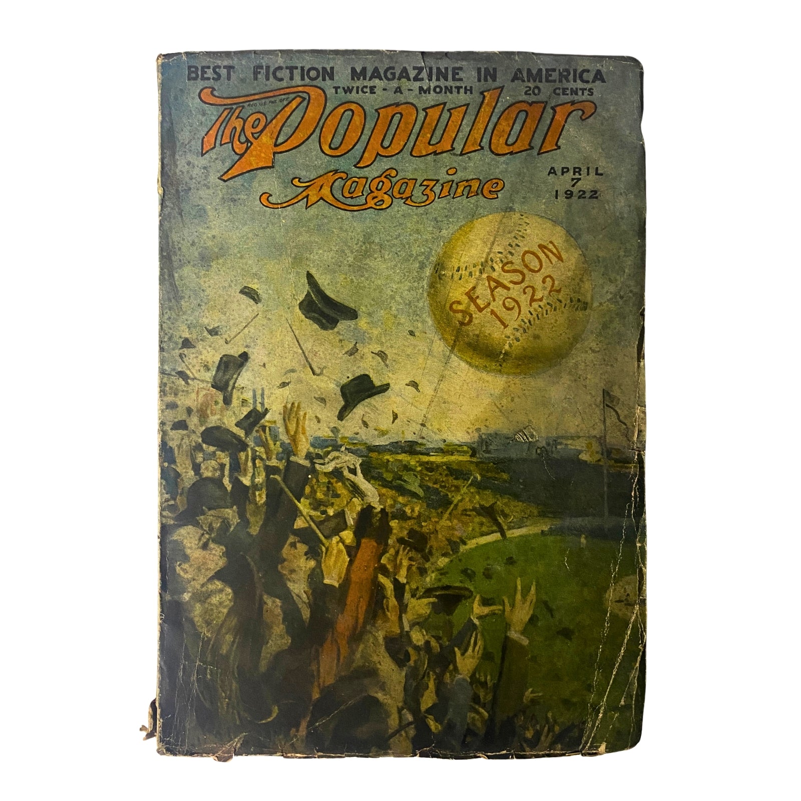 Cover of The Popular Magazine April 7, 1922 featuring a colorful artistic illustration depicting a lively outdoor scene with hat tosses and the text 'Season 1922'. It emphasizes its status as the best fiction magazine in America.