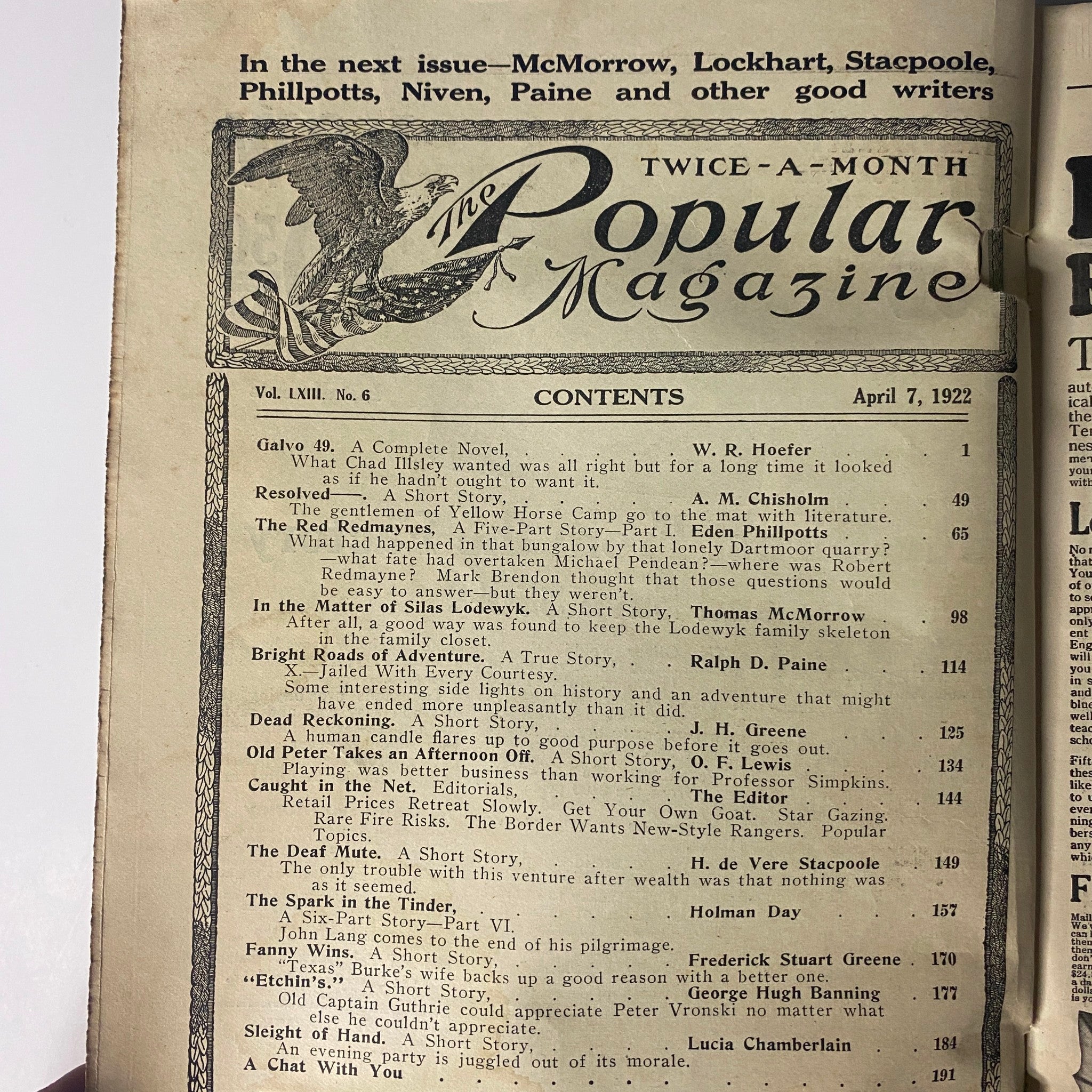 Interior page of The Popular Magazine April 7, 1922 displaying the table of contents, listing the featured works including 'Galvo 49' and 'The Red Redmaynes', known for its engaging early 20th-century fiction.