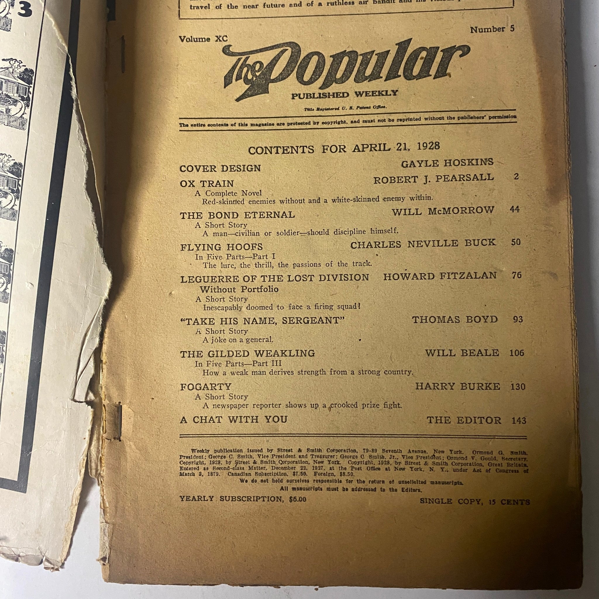 Interior page of The Popular Magazine, April 21, 1928, displaying the table of contents including stories like 'Ox Train' and 'Flying Hoofs'.