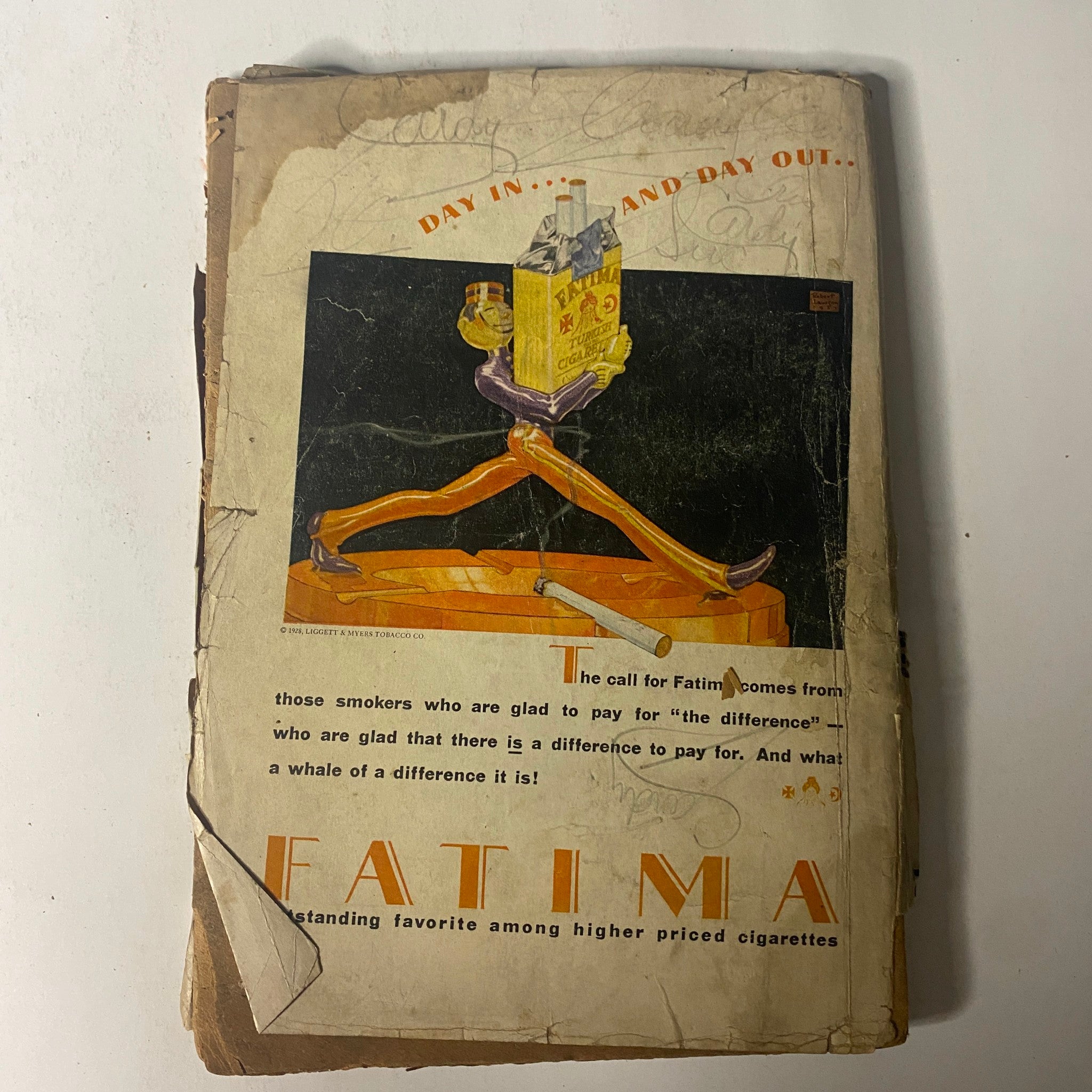 Cover of The Popular Magazine dated April 21, 1928, featuring an advertisement for Fatima cigarettes, showcasing vintage design elements with a focus on nostalgia for pulp literature. This magazine is in acceptable condition with notable wear and tear.