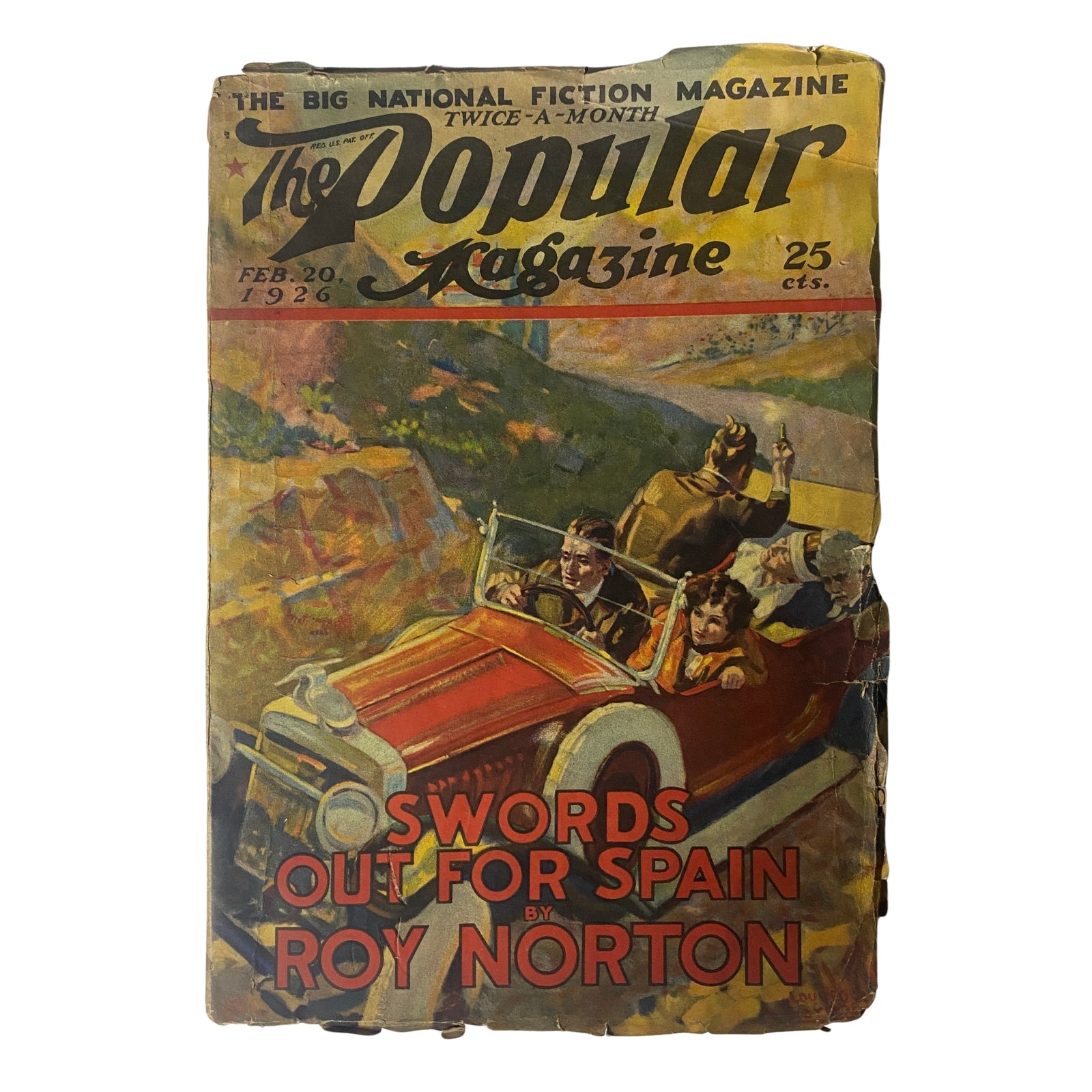 Cover of The Popular Magazine, February 20, 1926, featuring the title 'Swords Out for Spain' by Roy Norton, depicting a vintage car with characters inside.