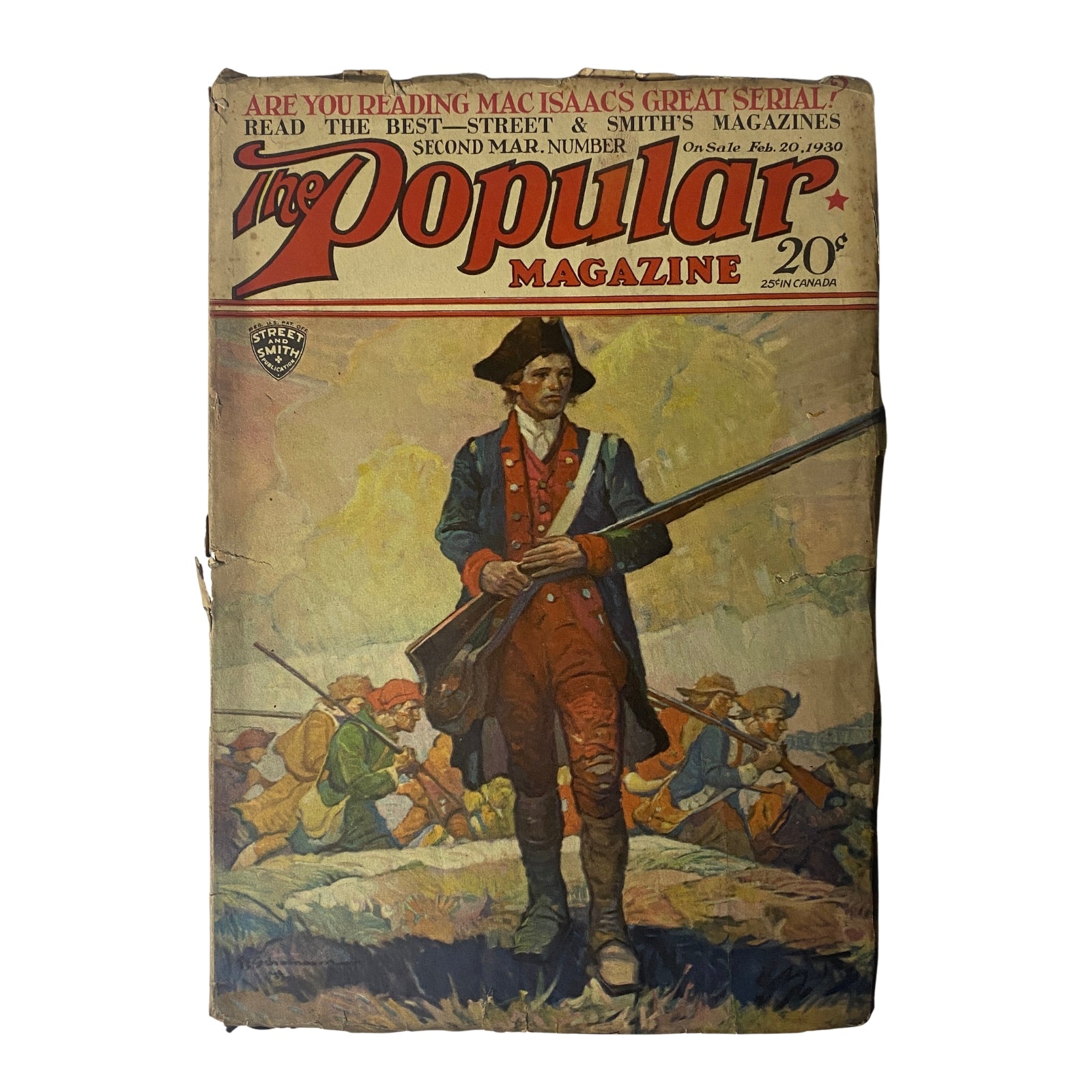Cover of The Popular Magazine March 1930 featuring an illustration of a soldier with a rifle, representing the issue titled 'The Killer’s Legacy'. This vintage pulp magazine is noted for its classic storytelling and is in acceptable condition.
