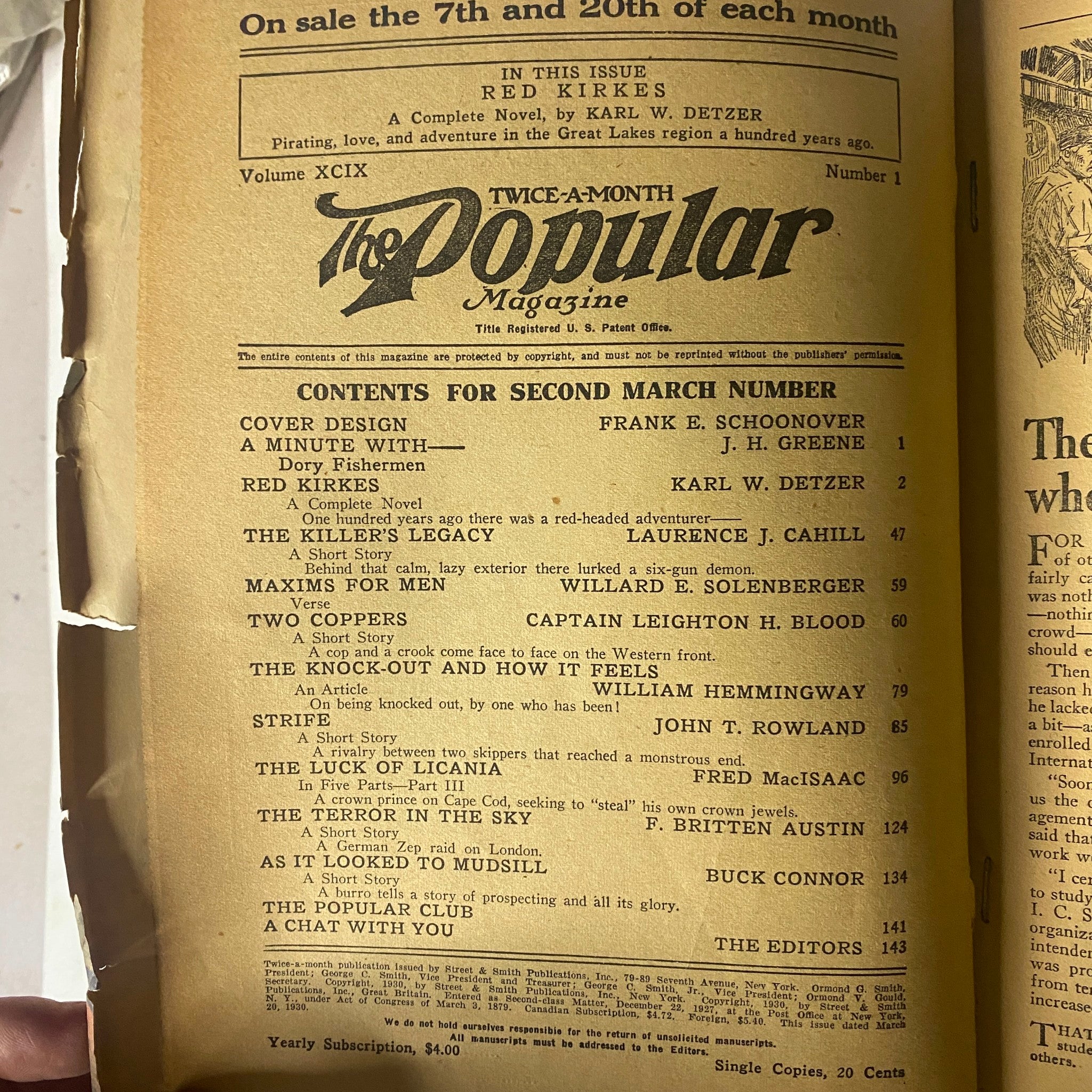 Inside page of The Popular Magazine, March 1930, displaying the table of contents with featured stories including 'The Killer’s Legacy' by Laurence J. Cahill.