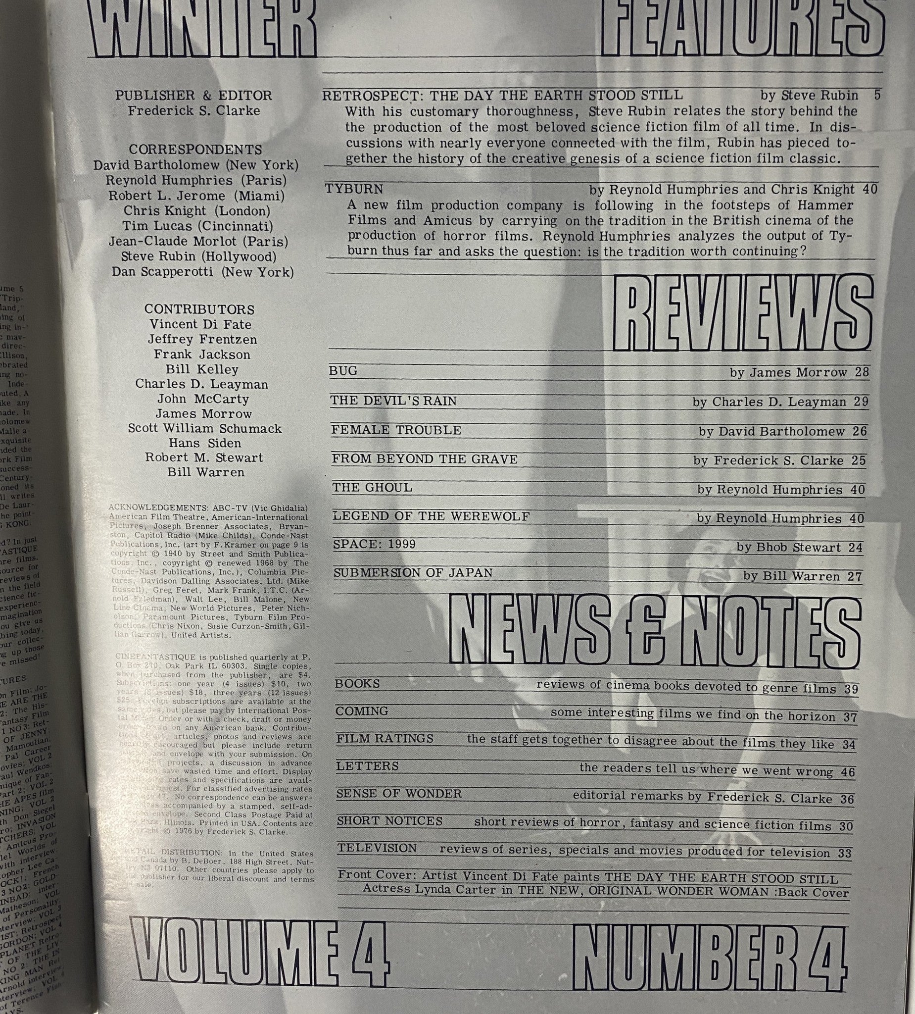 Interior page of Cinefantastique Magazine Volume 4 Number 4 showcasing contents, contributors, and reviews related to classic science fiction films.