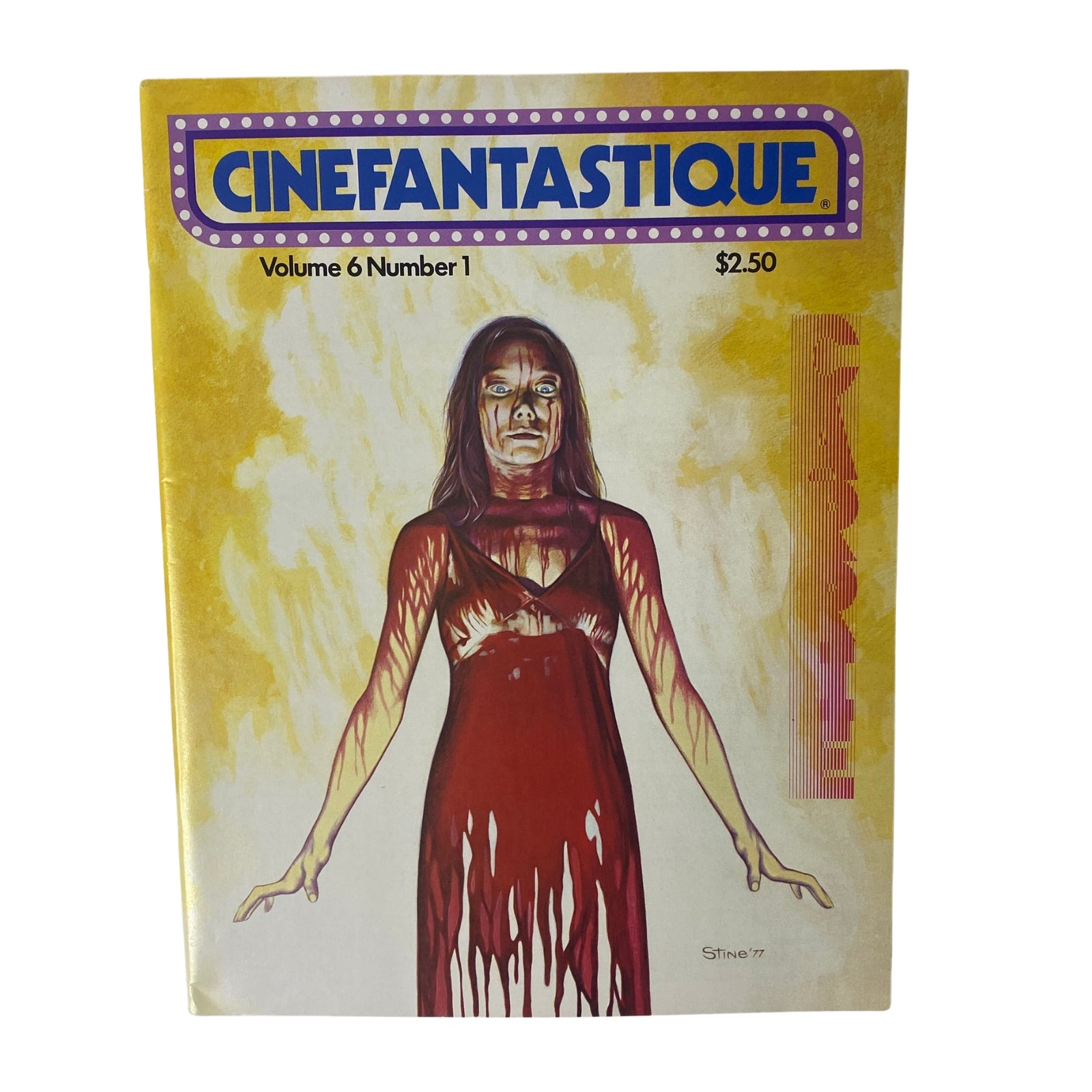 Cinefantastique Magazine 1977 Vol. 6 No. 1 featuring a striking cover illustration depicting a woman covered in blood, representing the horror film Carrie. The magazine is in near mint condition, highlighting the impact of 1970s cinema.