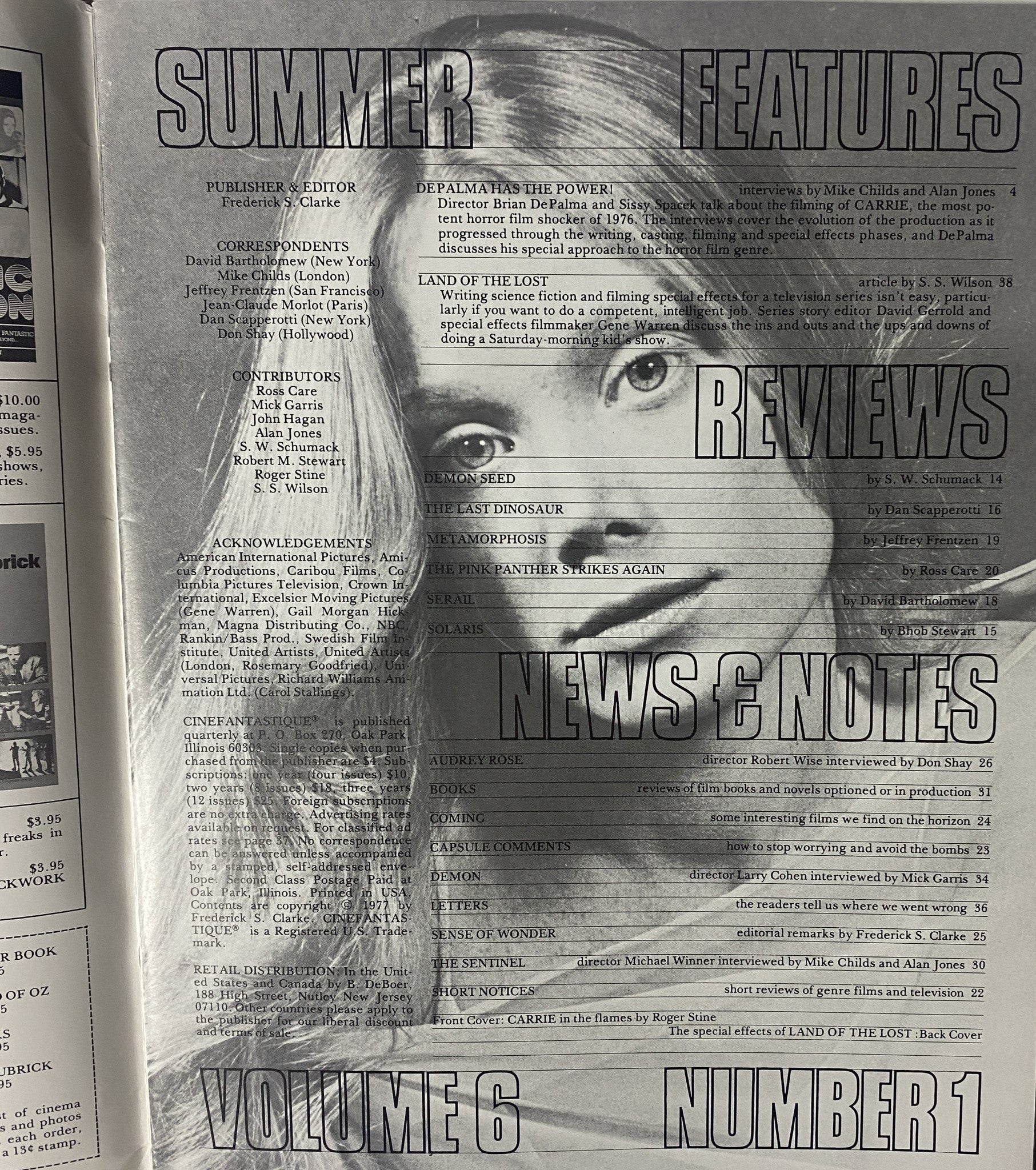Cinefantastique Magazine 1977 Vol. 6 No. 1 featuring a vintage black and white layout, displaying the cover article 'DePalma Has the Power!' alongside notable sections like 'Features,' 'Reviews,' 'News & Notes,' and a prominent image of actress Sissy Spacek, celebrating the film 'Carrie'.