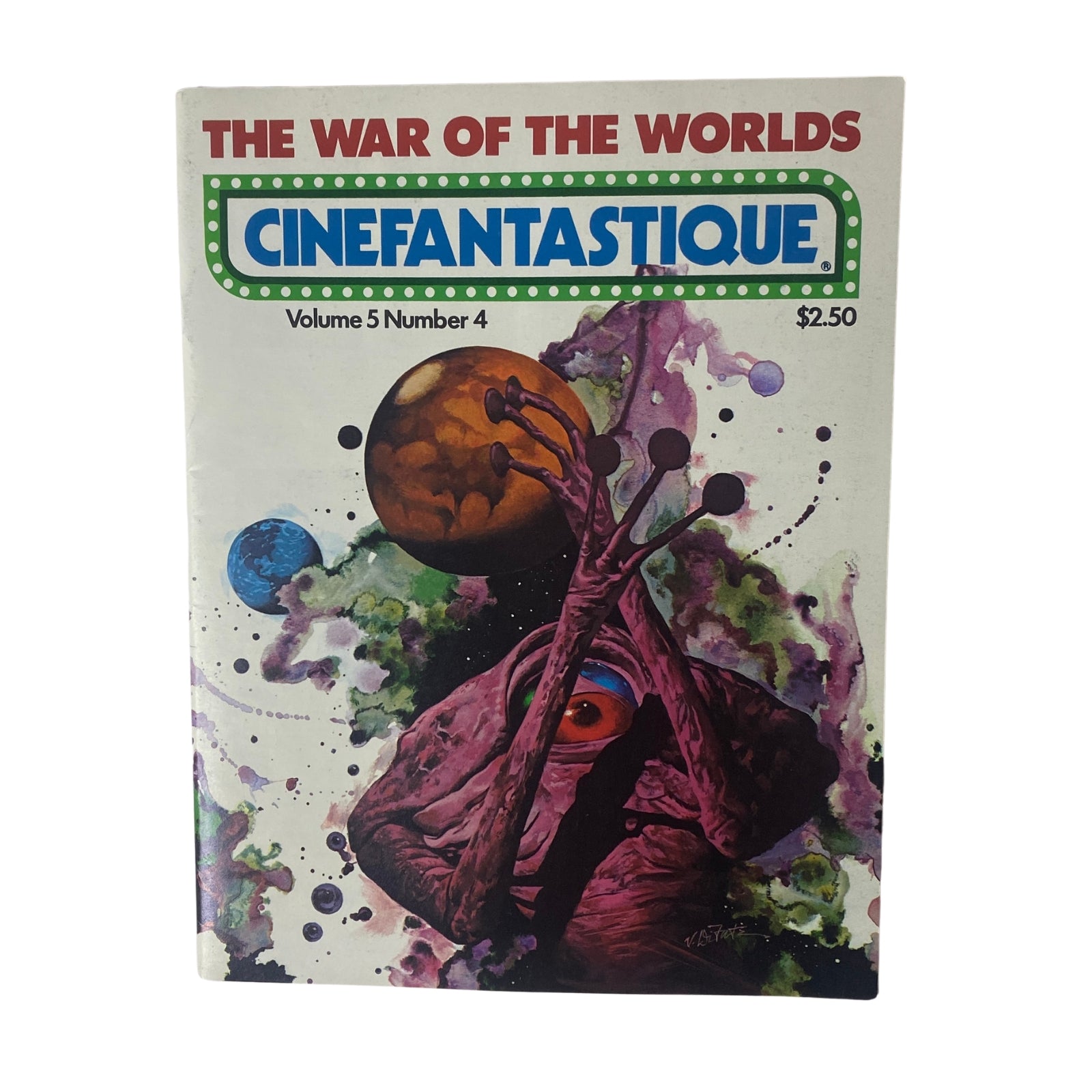 Cover of Cinefantastique Magazine Volume 5 Number 4 from Spring 1977 featuring The War of the Worlds, showcasing vibrant artwork of a Martian landscape and alien creature.