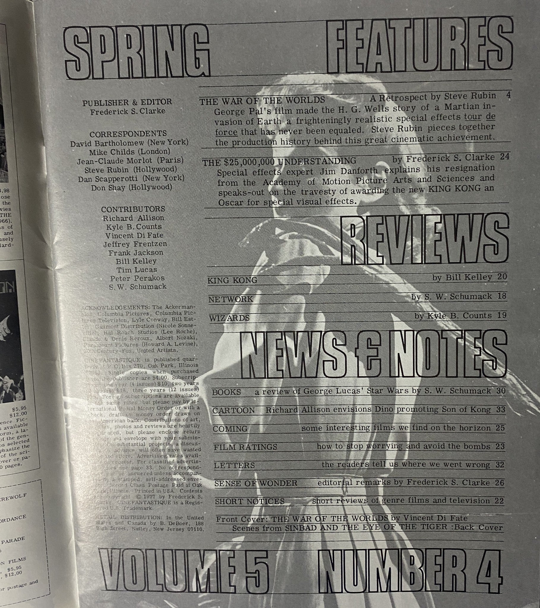 Table of contents page from Cinefantastique Magazine Volume 5 Number 4, Spring 1977, listing features and reviews, including a retrospective on The War of the Worlds and articles on King Kong and Wizards.