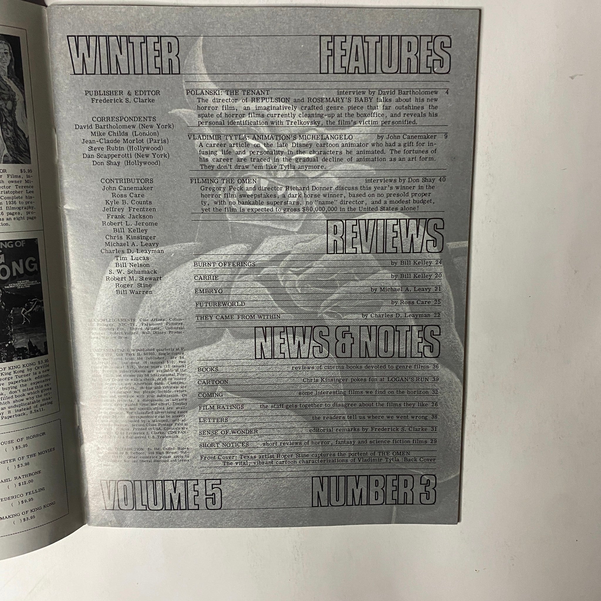 Table of contents page from Cinefantastique Magazine Volume 5 Number 3, detailing winter features, reviews, and contributor information.