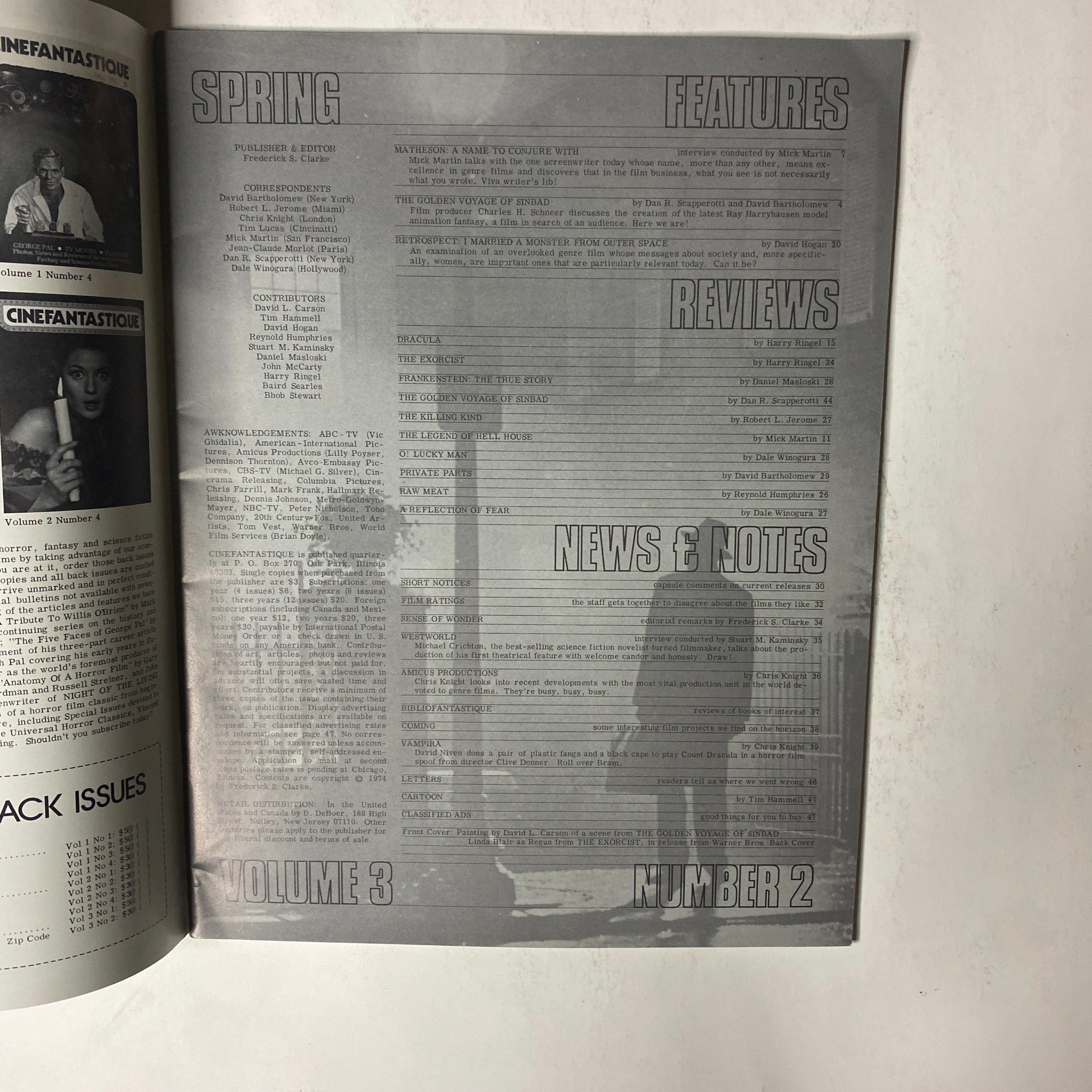 Inside page of Cinefantastique Magazine Spring 1974, highlighting features and reviews, including a layout of contents for Volume 3, Number 2.