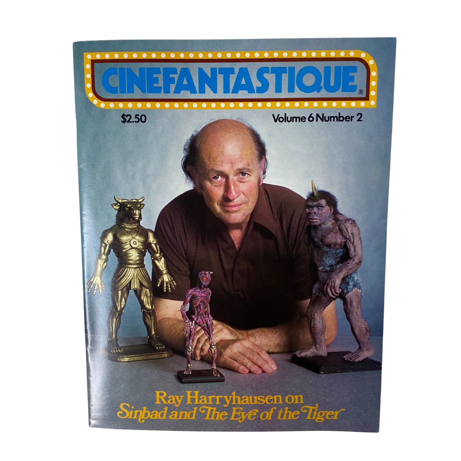Cinefantastique Magazine Fall 1977 Vol 6 No. 2 featuring Ray Harryhausen on the cover, showcasing iconic figures from Sinbad and the Eye of the Tiger, presented in near mint condition.