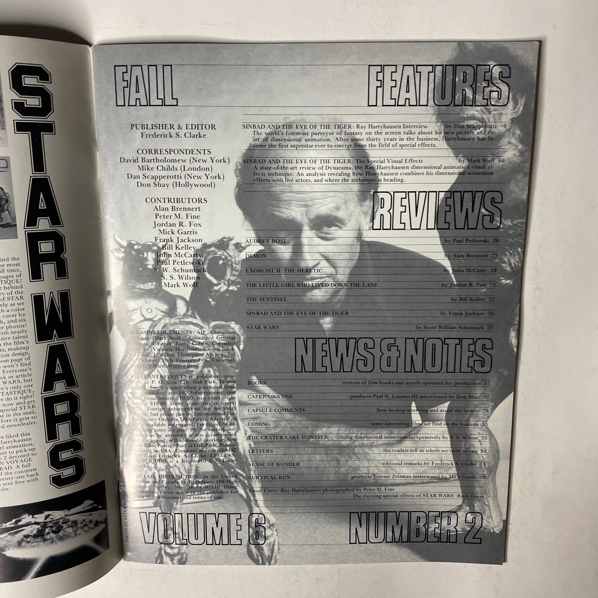 Cinefantastique Magazine Fall 1977 Vol 6 No. 2 featuring contents on Ray Harryhausen, including a focus on Sinbad and the Eye of the Tiger, with an artistic layout highlighting features and reviews.