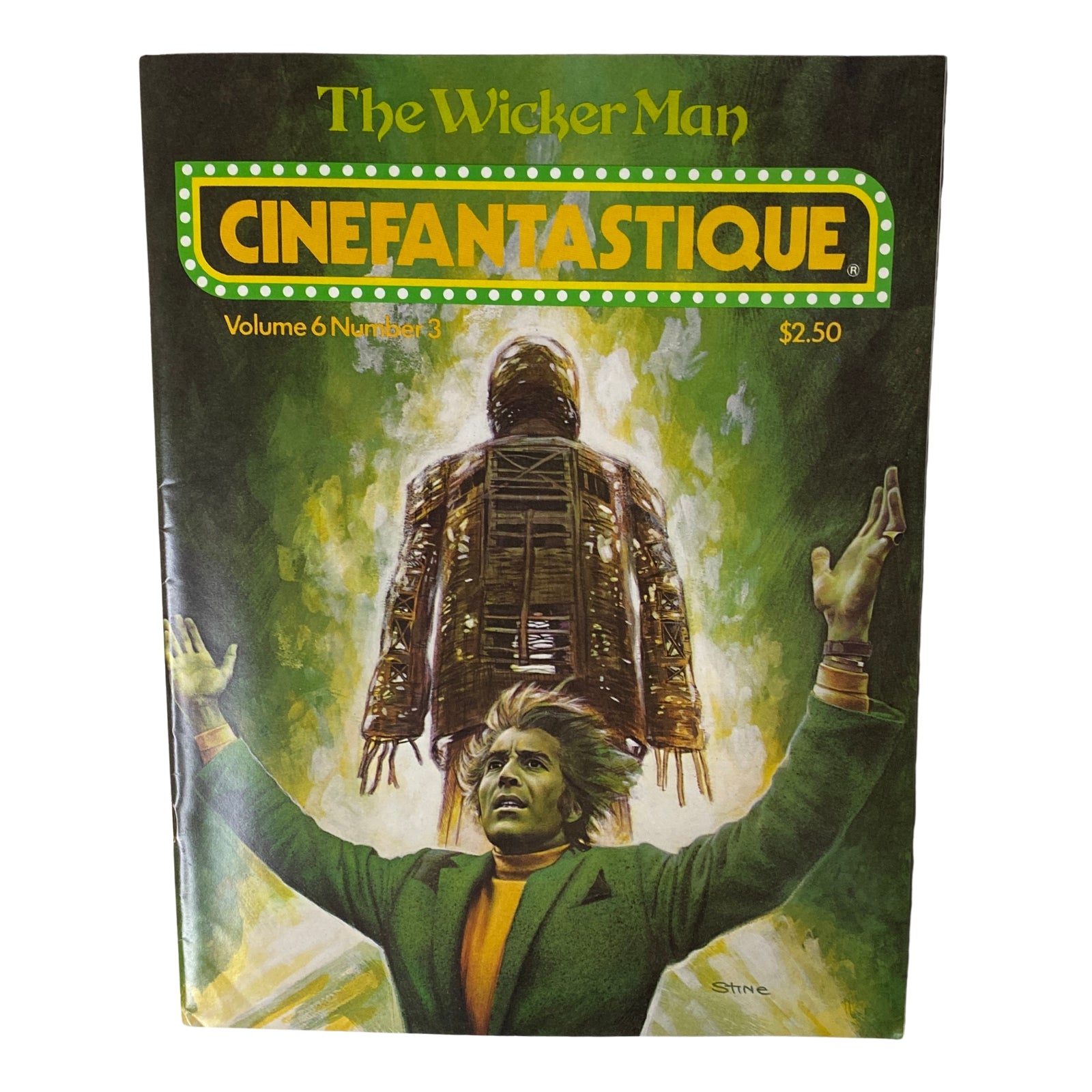 Cinefantastique Magazine featuring 'The Wicker Man' on the cover, Volume 6, Number 3, Winter 1977, showcasing a dramatic illustration of a figure with a wicker man background.