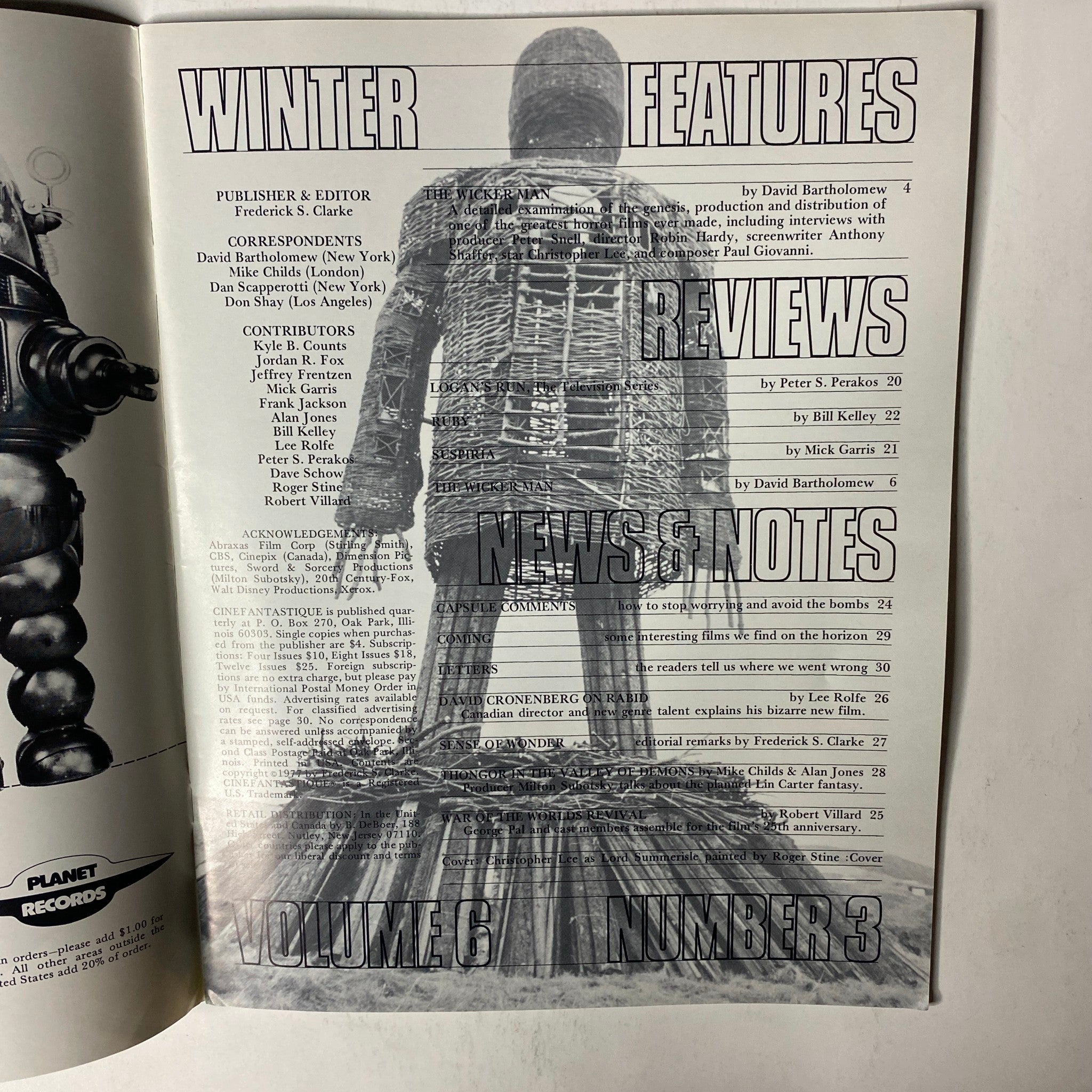 Inside page of Cinefantastique Magazine Winter 1977, Volume 6, Number 3, featuring the table of contents with listings related to 'The Wicker Man', reviews, and film news.