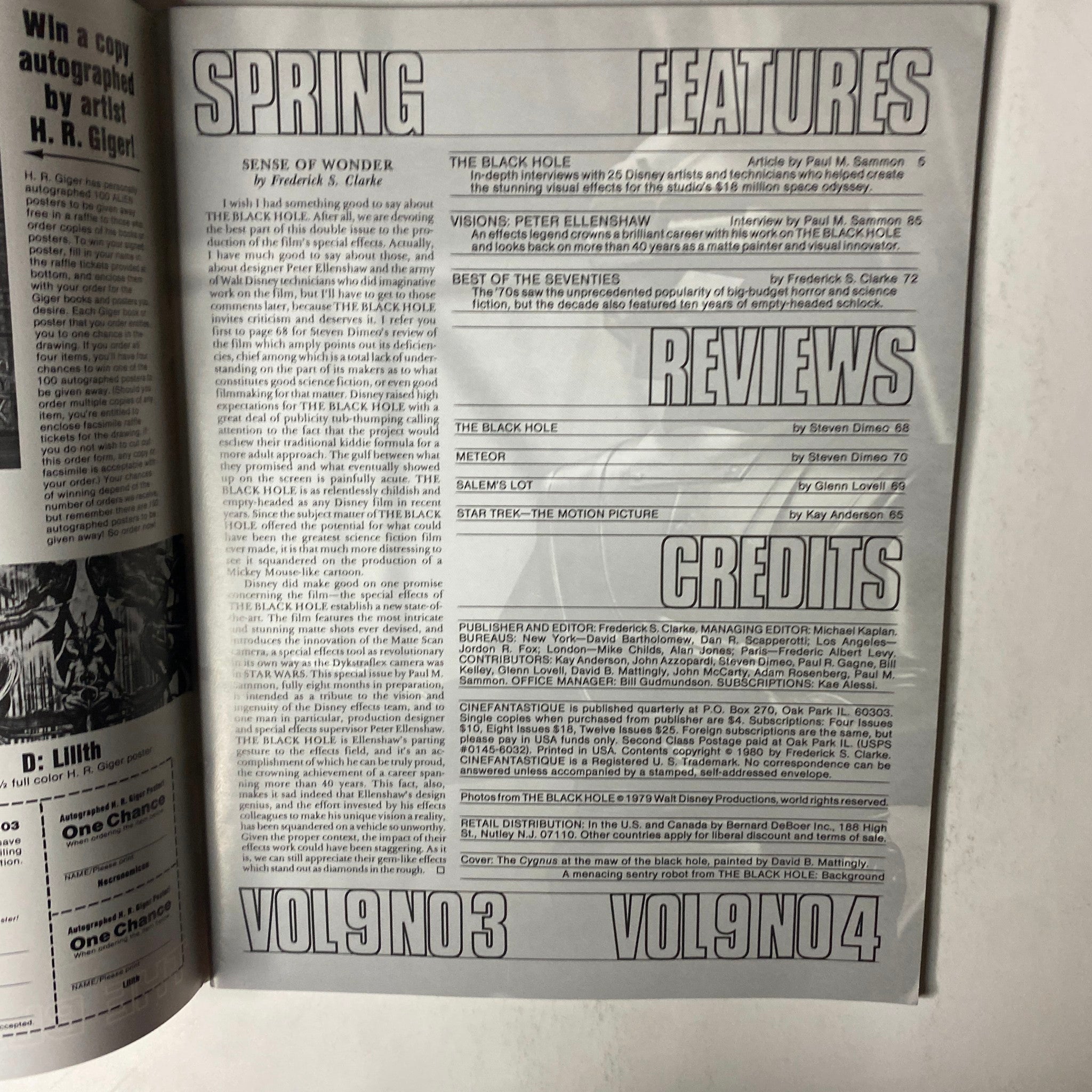 Inside page of Cinefantastique Magazine Spring 1979, Vol 9 No. 3 & 4, detailing features and reviews including insights on The Black Hole, showcasing magazine layout and content highlights.