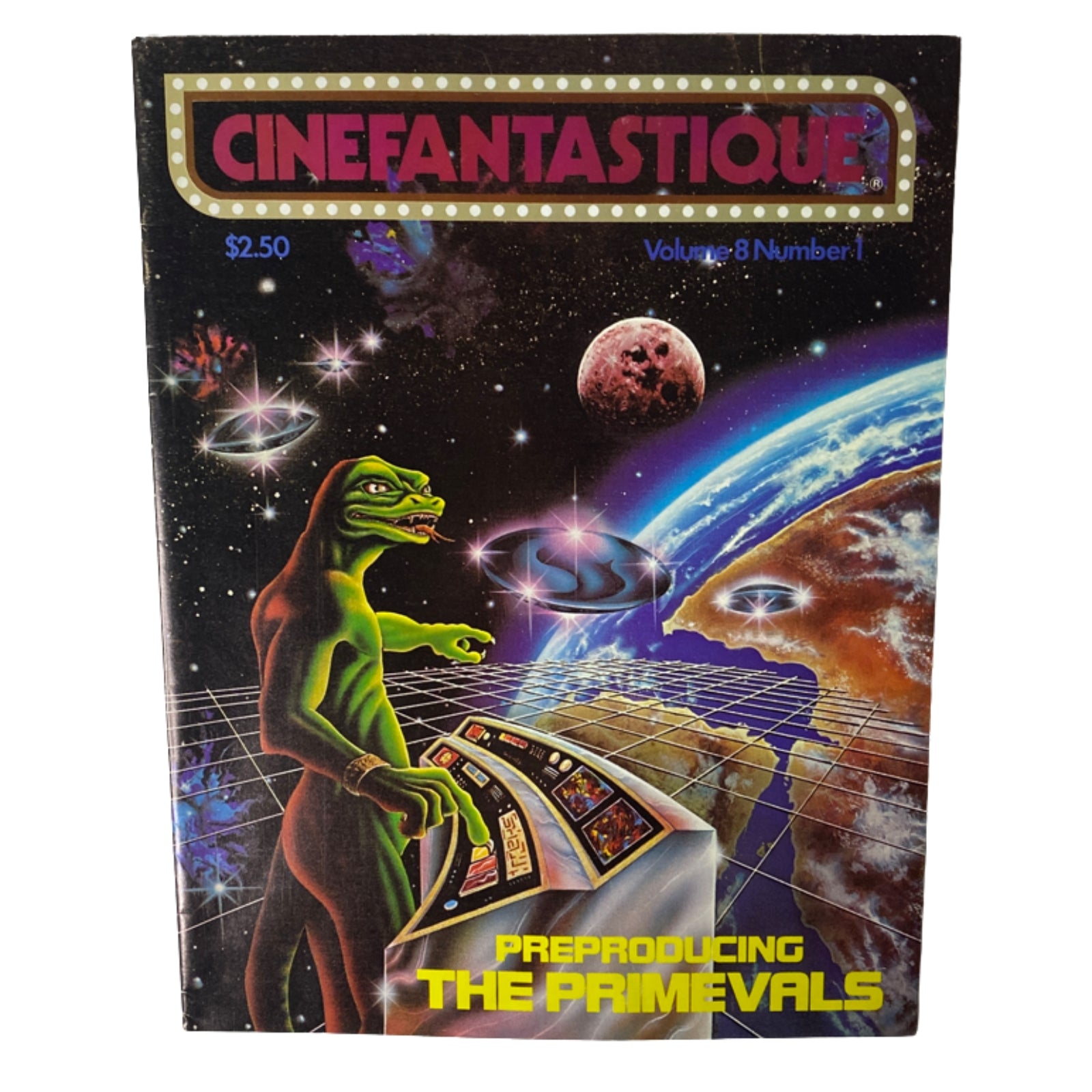 Cover of Cinefantastique Magazine Winter 1978, Vol. 8 No. 1 featuring The Primevals, showcasing a vivid space scene with a green creature at a control panel and cosmic background.