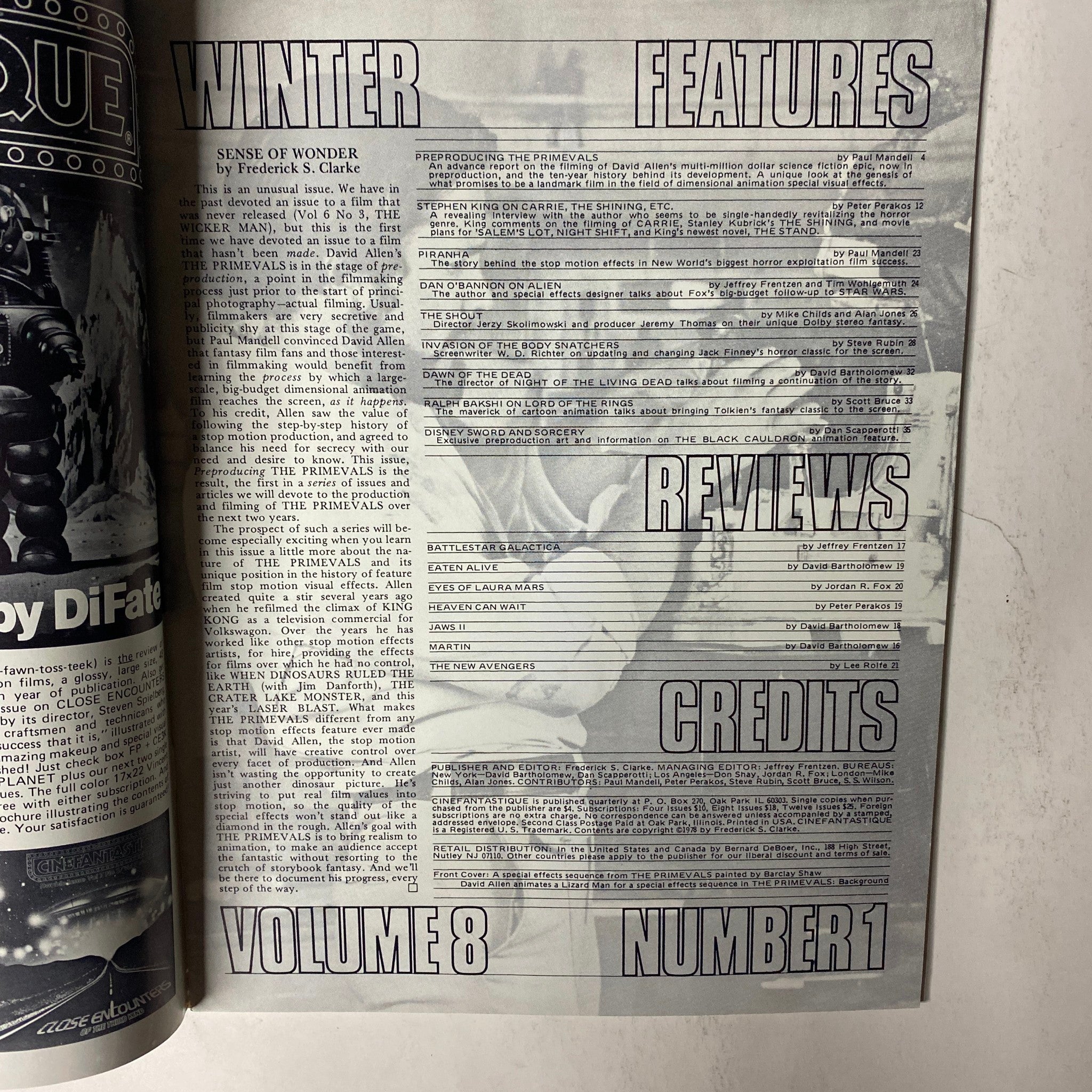Interior page of Cinefantastique Magazine Winter 1978, Vol. 8 No. 1 displaying the table of contents, assessing features and reviews related to The Primevals and other genre films.